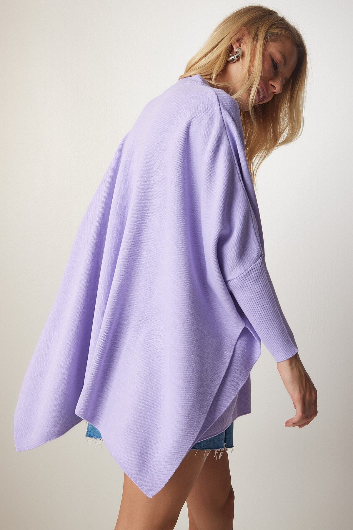 Lila Yandan Yırtmaçlı Oversize Panço Kazak YY00005
