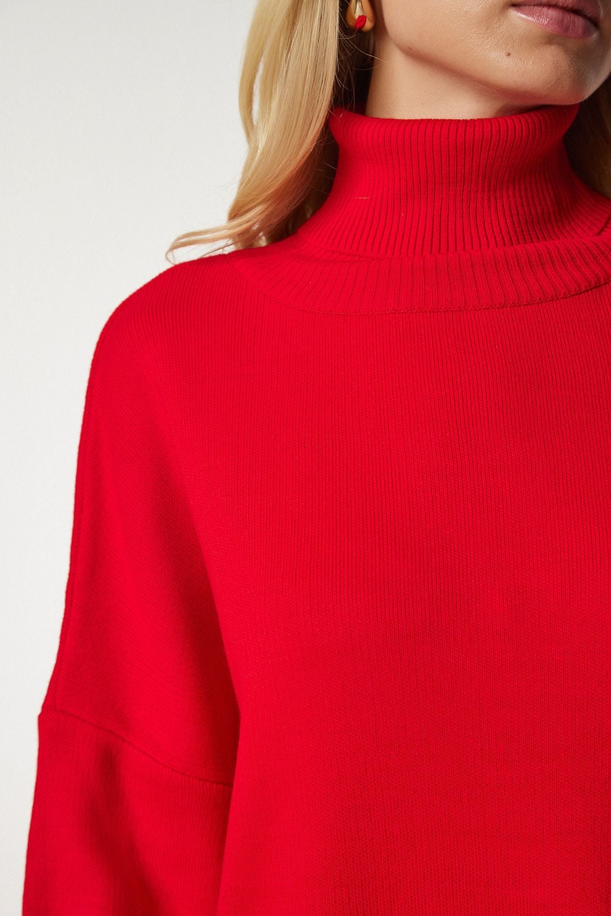 Kırmızı Balıkçı Yaka Oversize Triko Kazak BV00084