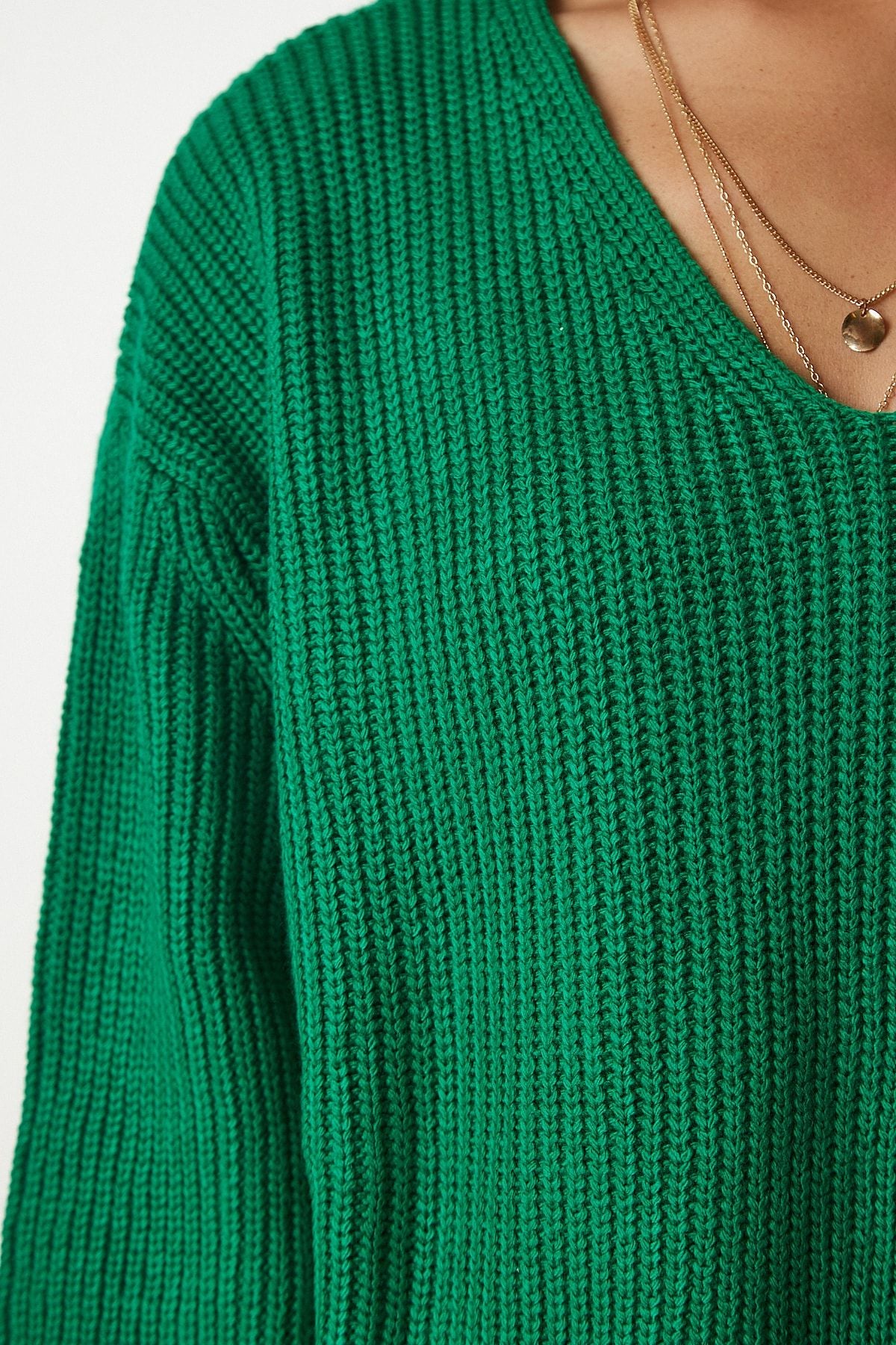 Koyu Yeşil V Yaka Oversize Basic Triko Kazak MX00130
