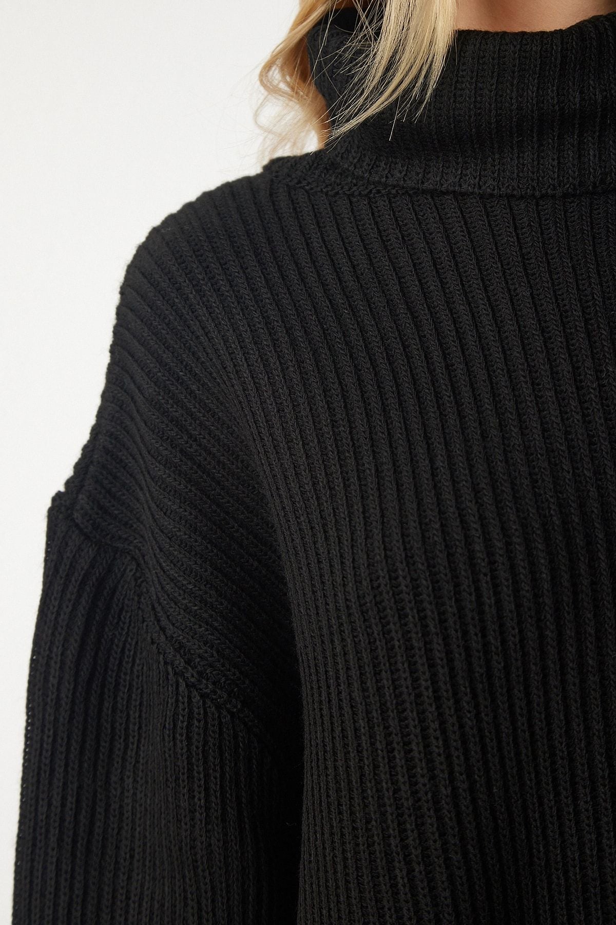 Siyah Balıkçı Yaka Oversize Triko Kazak YY00164