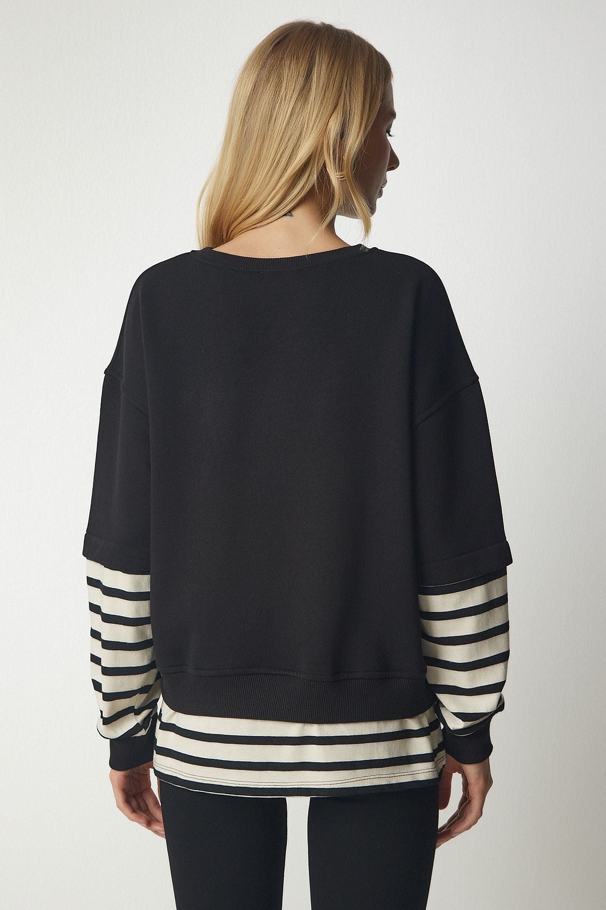 Siyah Çizgili T-Shirt Parçalı Örme Sweatshirt CR00413