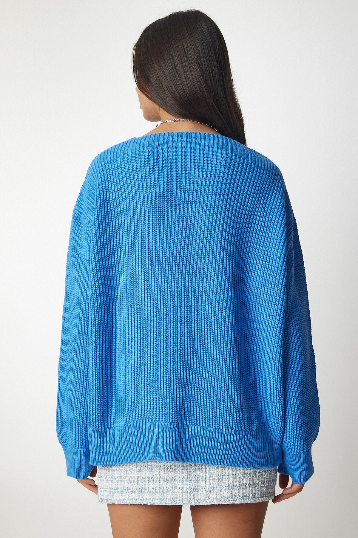 Açık Mavi V Yaka Oversize Basic Triko Kazak MX00130