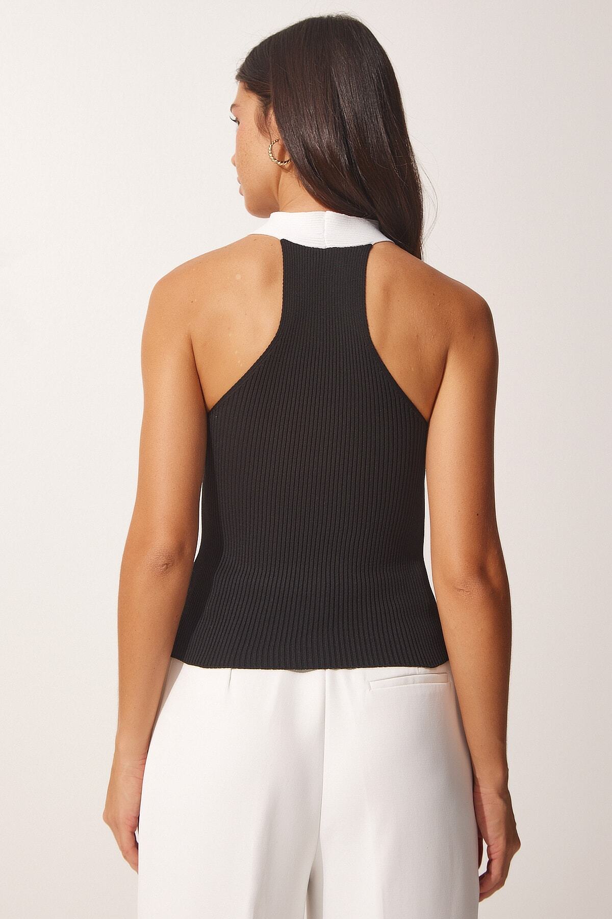 Siyah Halter Yaka Crop Triko Bluz US00900