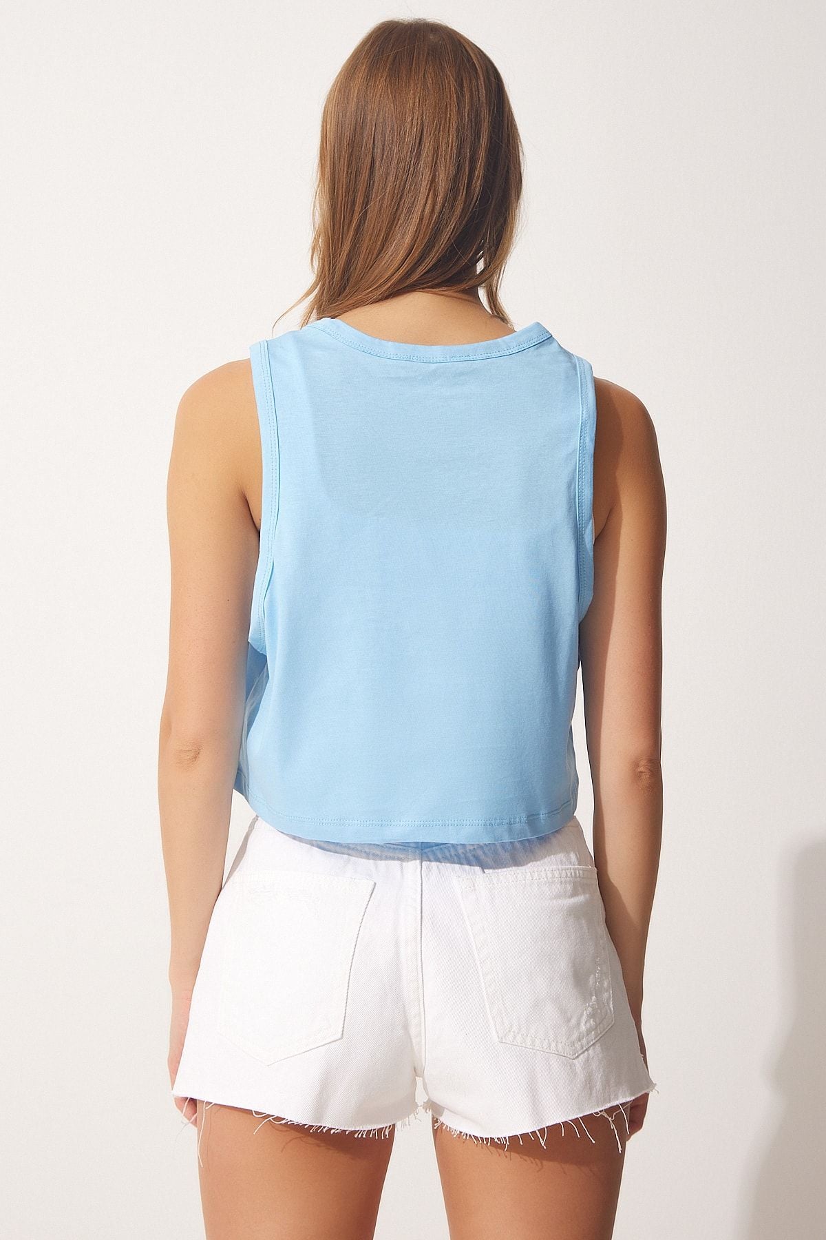 Gök Mavi Pamuklu Halter Yaka Crop T-Shirt UB00097