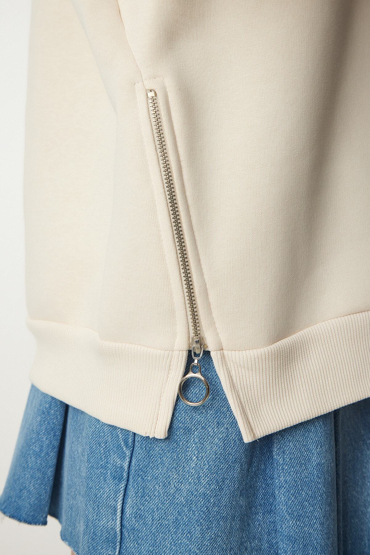 Krem Fermuar Detaylı Şardonlu Örme Sweatshirt UB00148