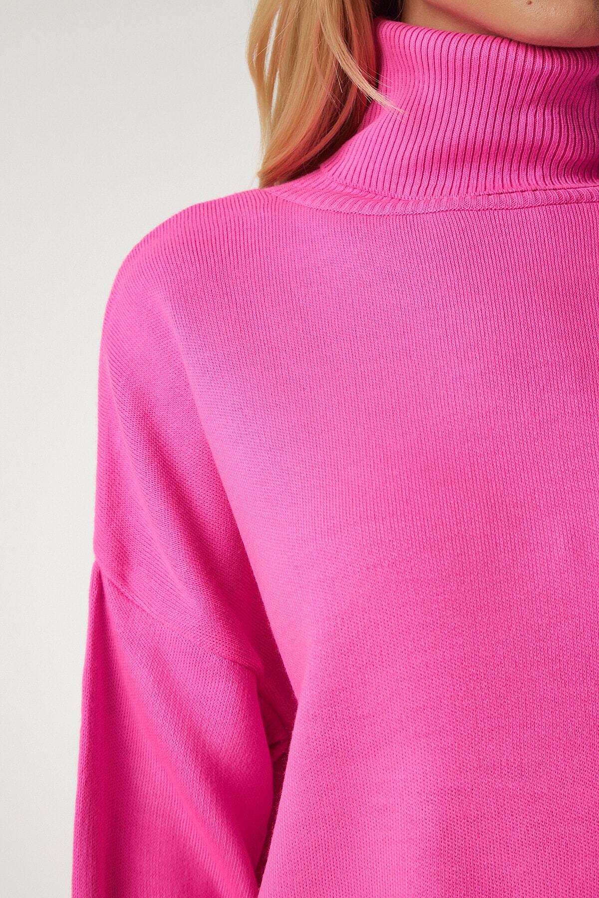Pembe Balıkçı Yaka Oversize Triko Kazak BV00084