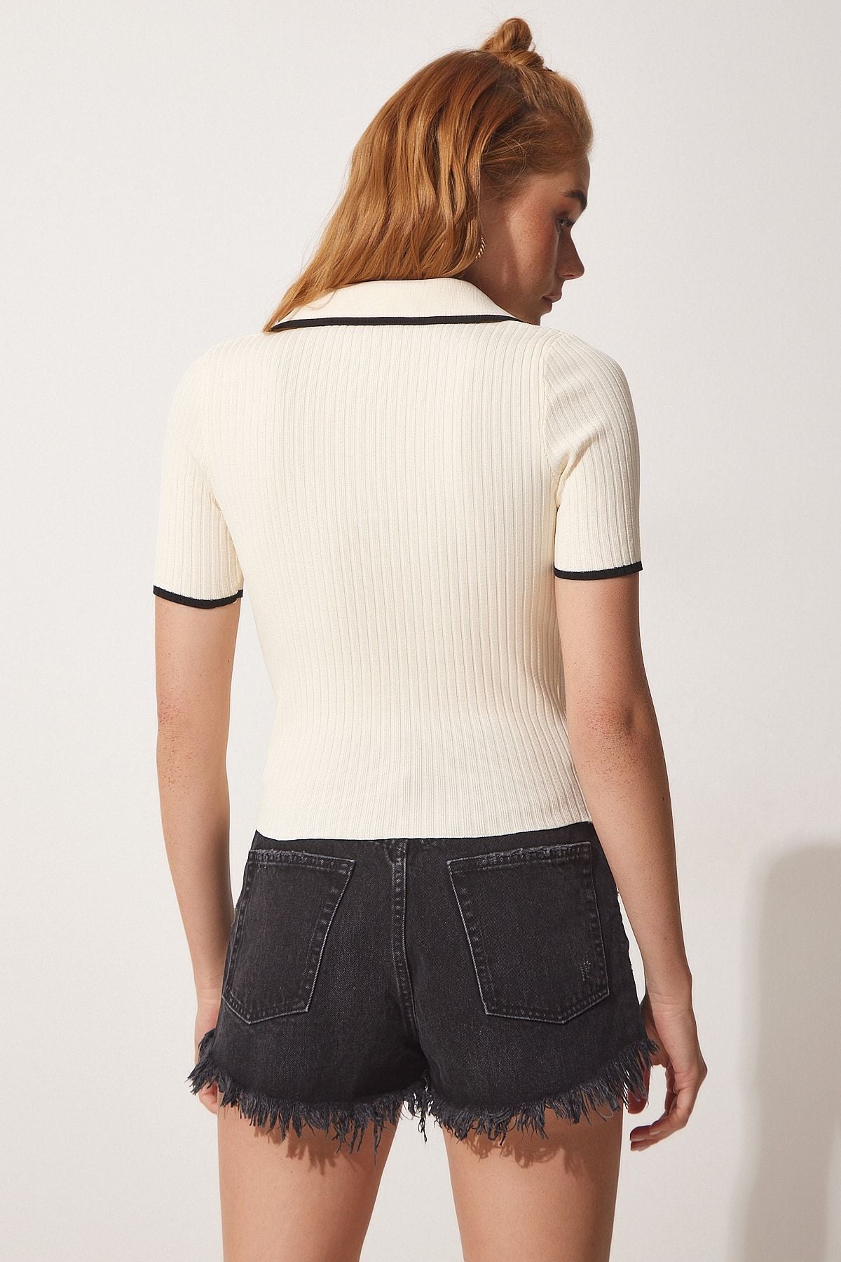 Krem Polo Yaka Fitilli Yazlık Triko Bluz MT00131