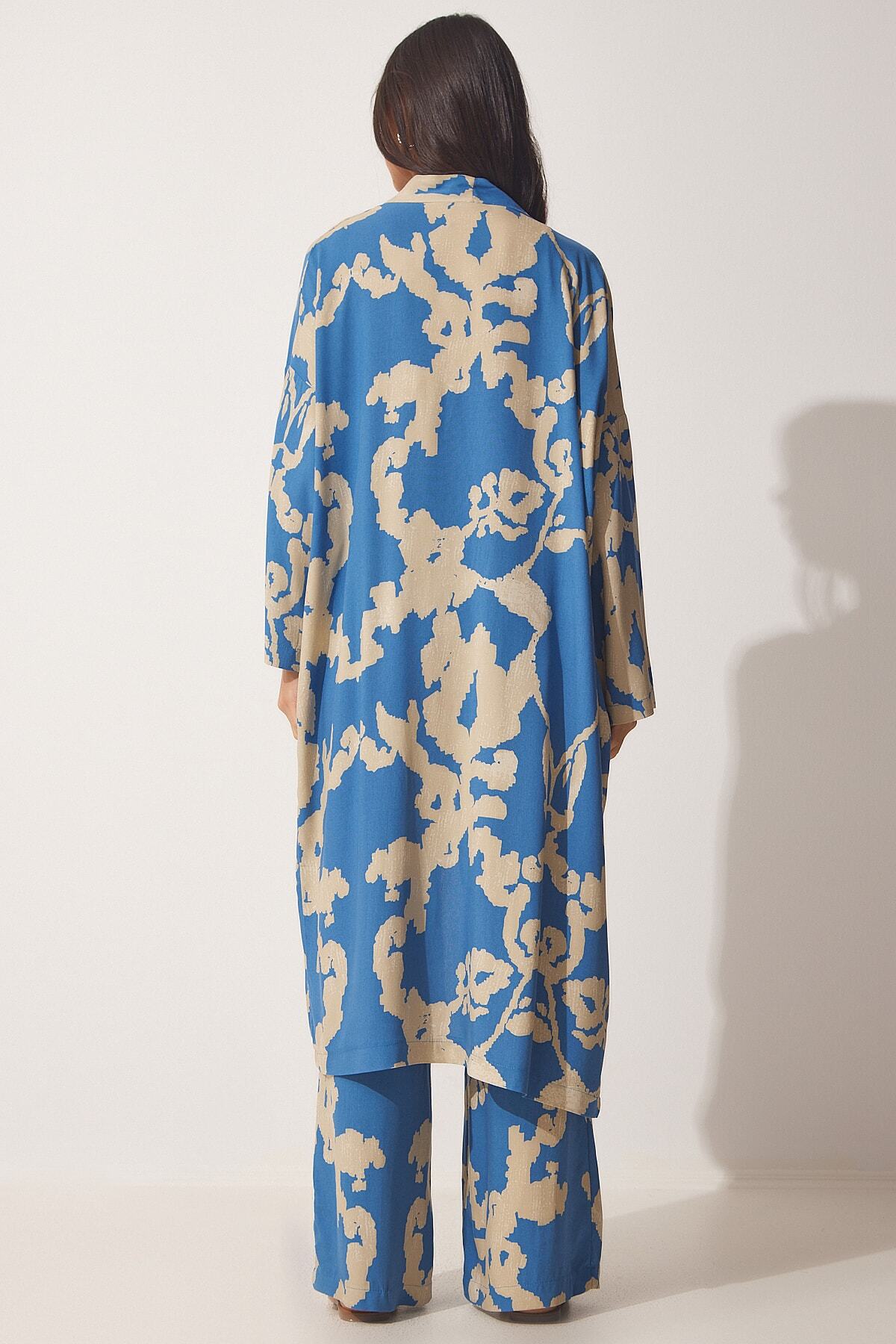 Mavi Bej Desenli Viskon Kimono Palazzo Pantolon Takım CI00086