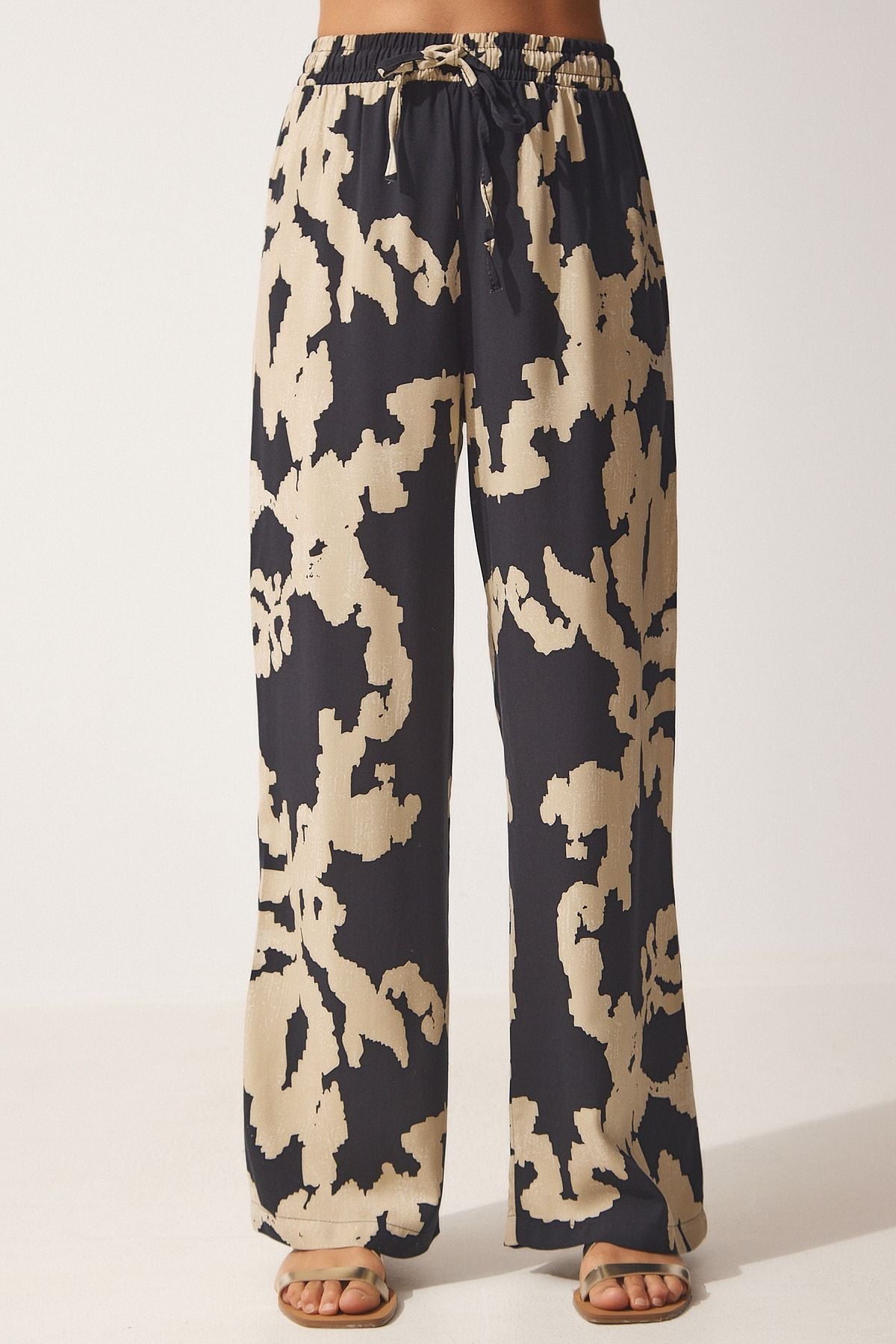 Siyah Bej Desenli Viskon Kimono Palazzo Pantolon Takım CI00086