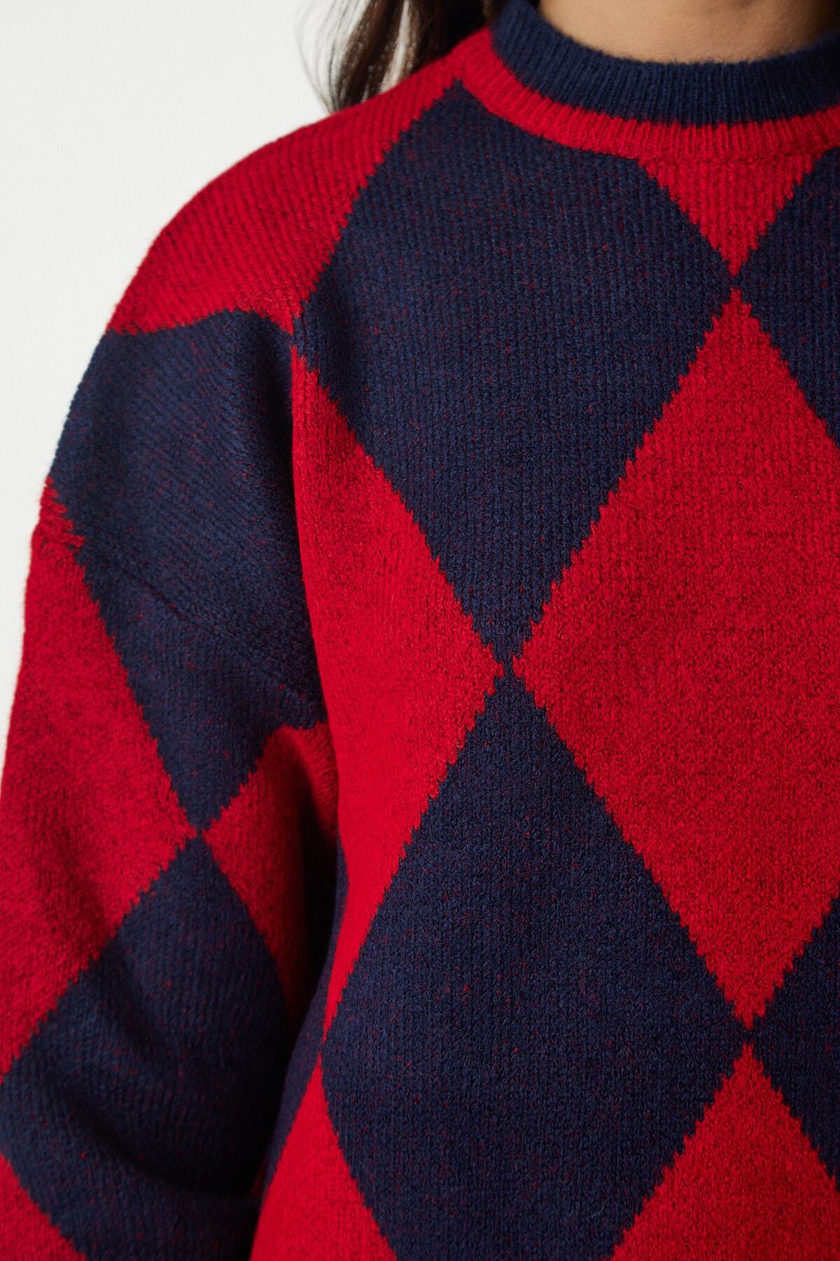 Kırmızı Baklava Desenli Oversize Triko Kazak YY00161