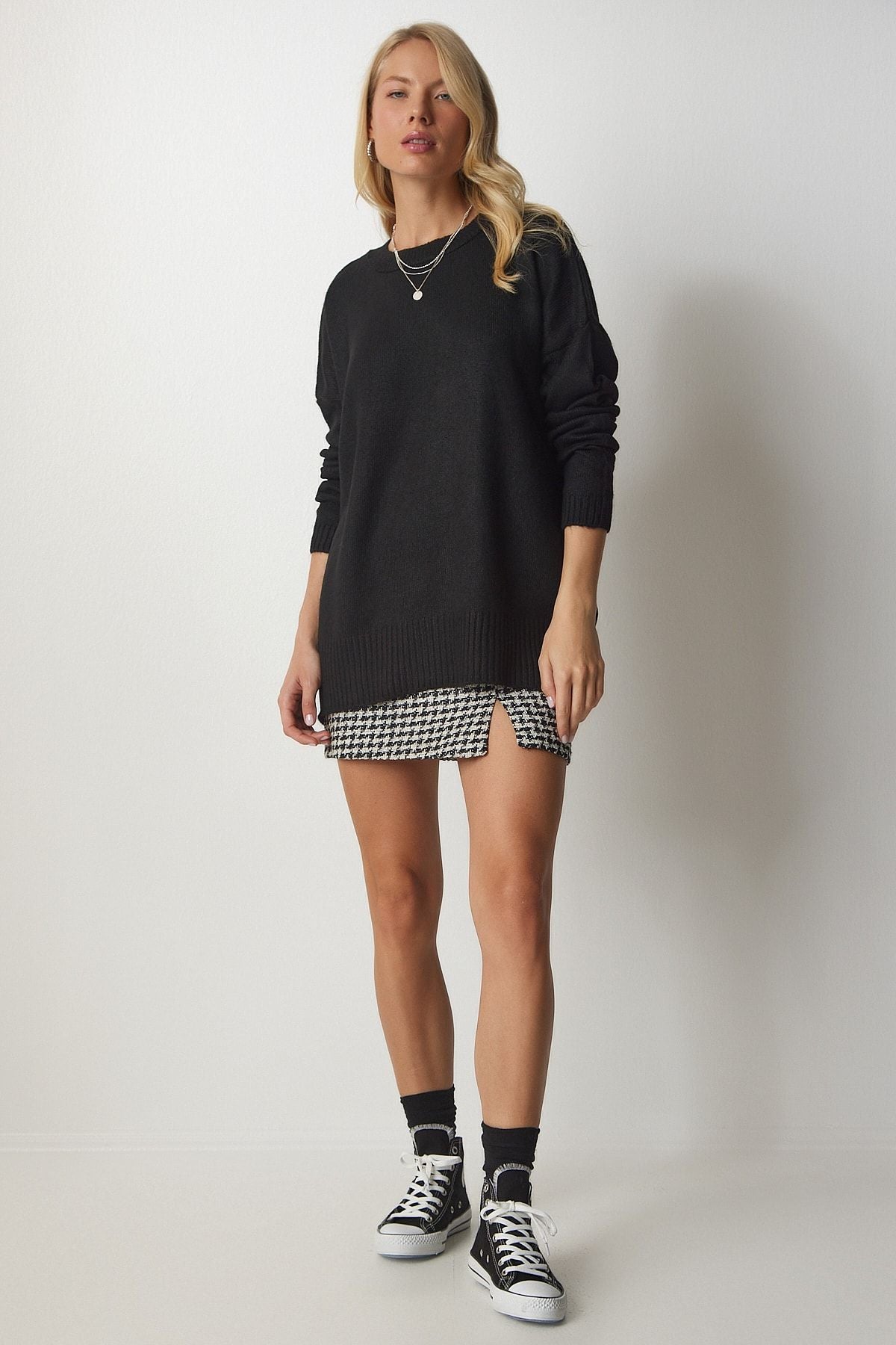 Siyah Bisiklet Yaka Oversize Triko Kazak BV00085