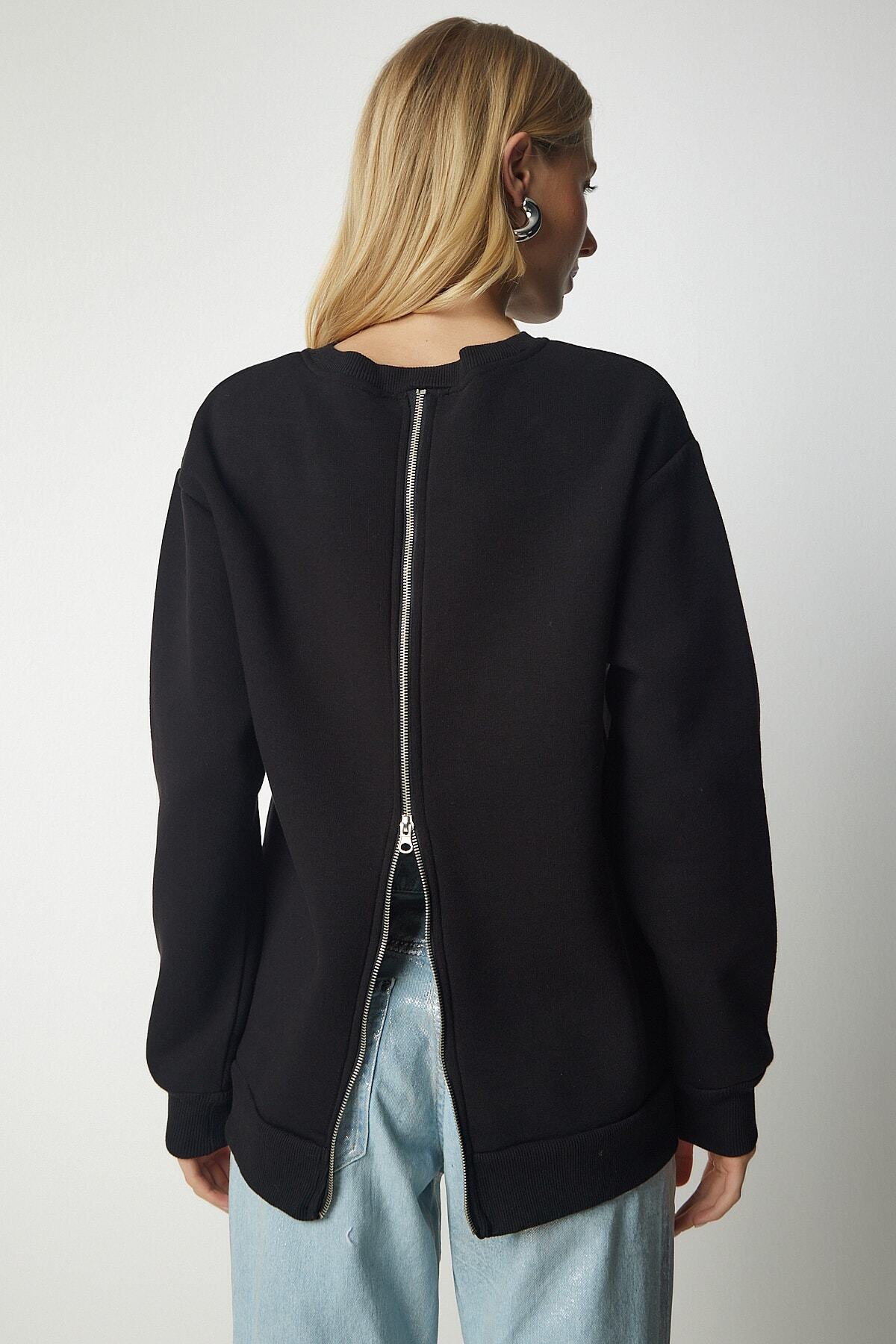 Siyah Arkası Fermuarlı Şardonlu Örme Sweatshirt UB00146