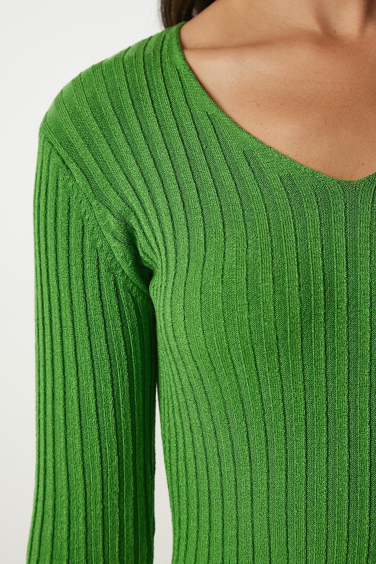 Açık Yeşil V Yaka Fitilli Basic Bluz BV00096