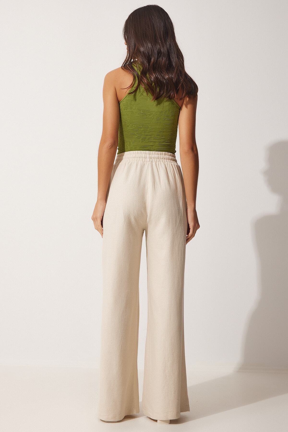 Krem Ham Keten Bol Palazzo Pantolon NS00388