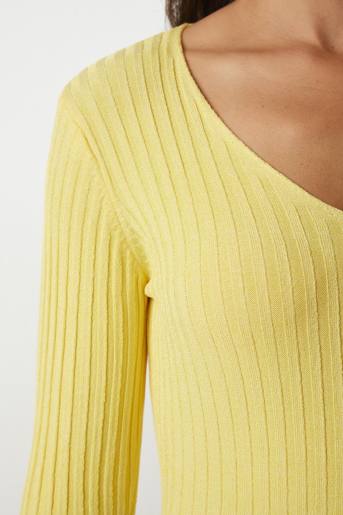 Sarı V Yaka Fitilli Basic Bluz BV00096