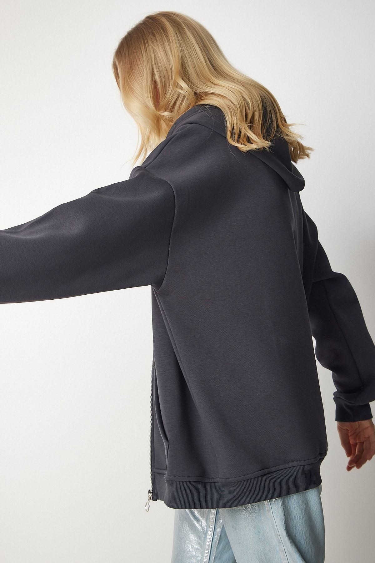 Antrasit Kapüşonlu Fermuarlı Oversize Sweatshirt UB00124
