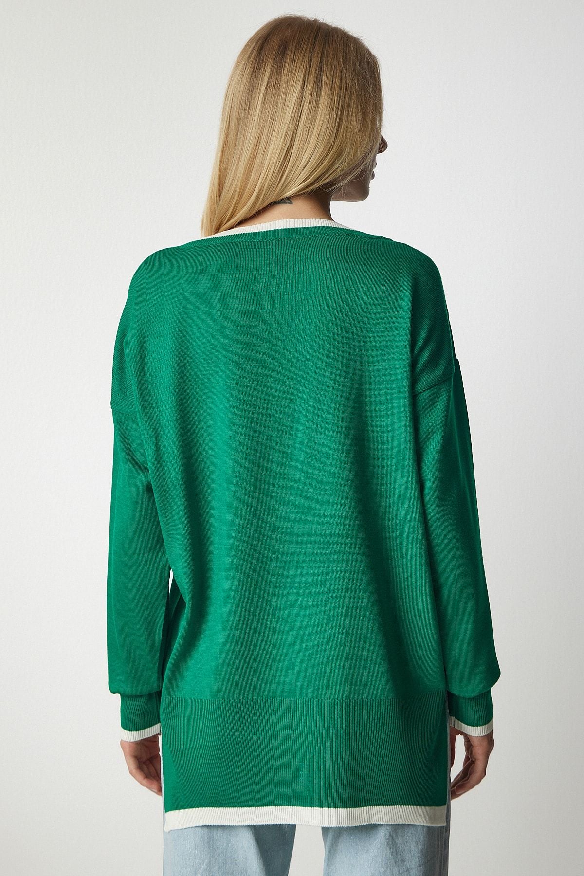 Yeşil V Yaka Oversize Triko Kazak BV00081