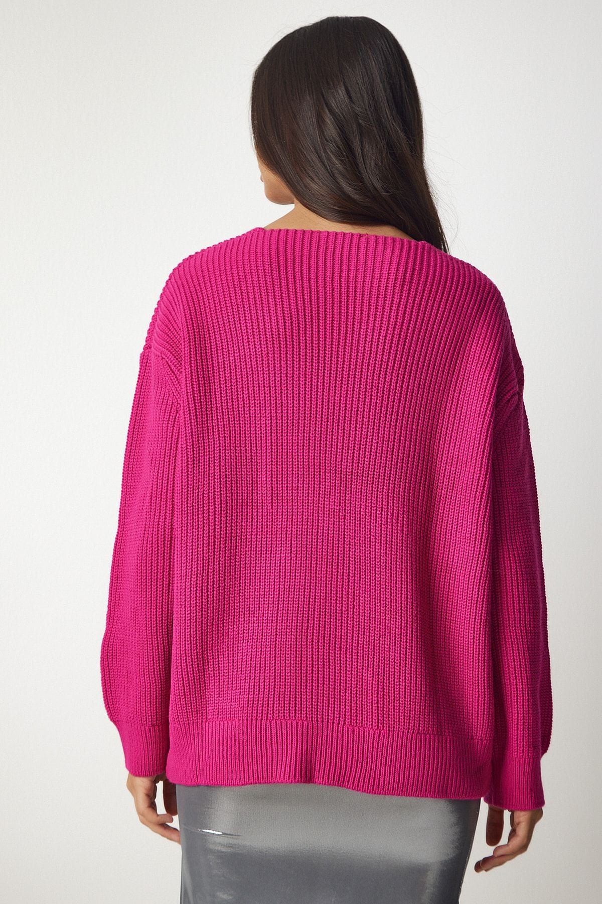 Pembe V Yaka Oversize Basic Triko Kazak MX00130