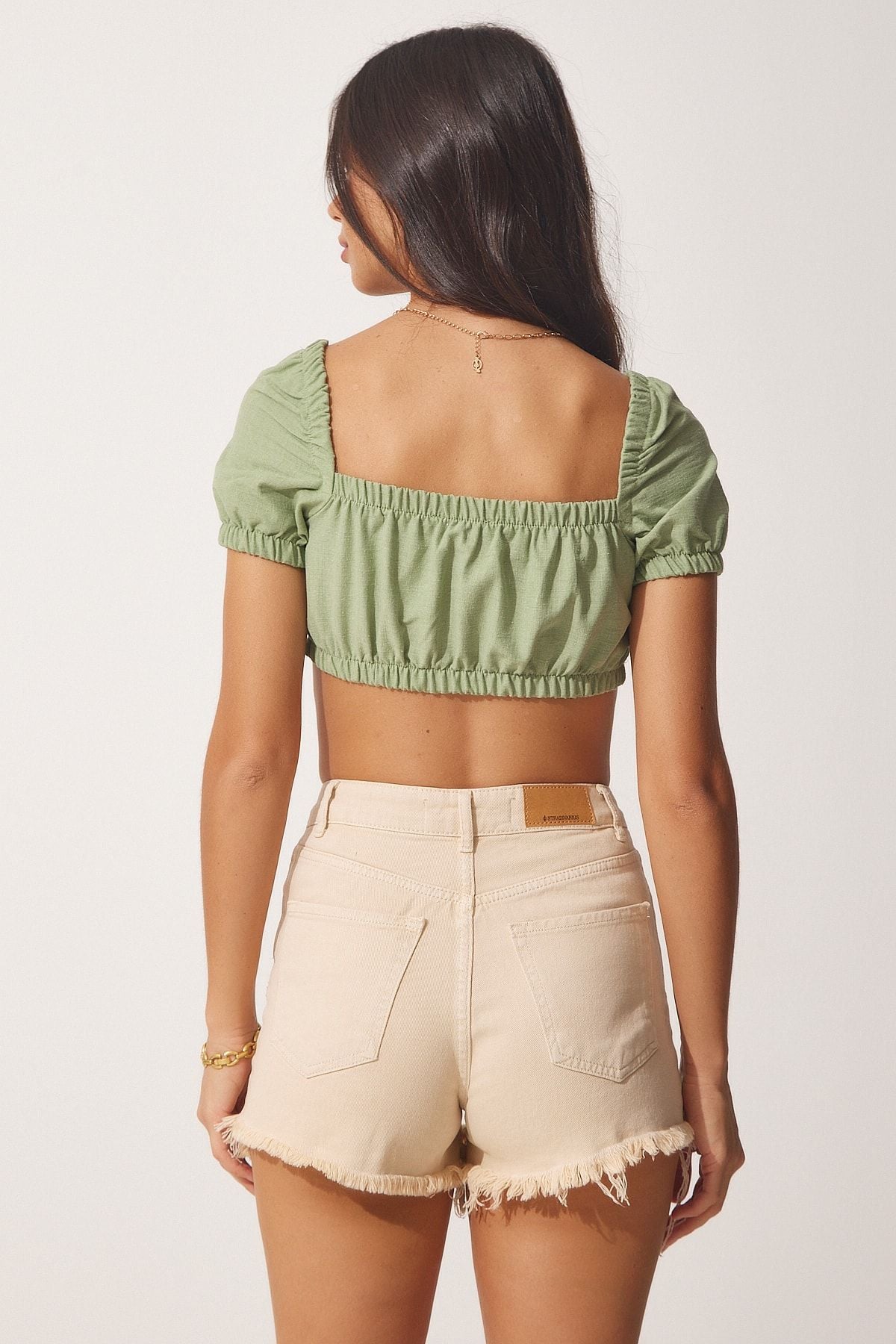 Çağla Yeşili Keten Karışımlı Büzgülü Crop Bluz BV00065