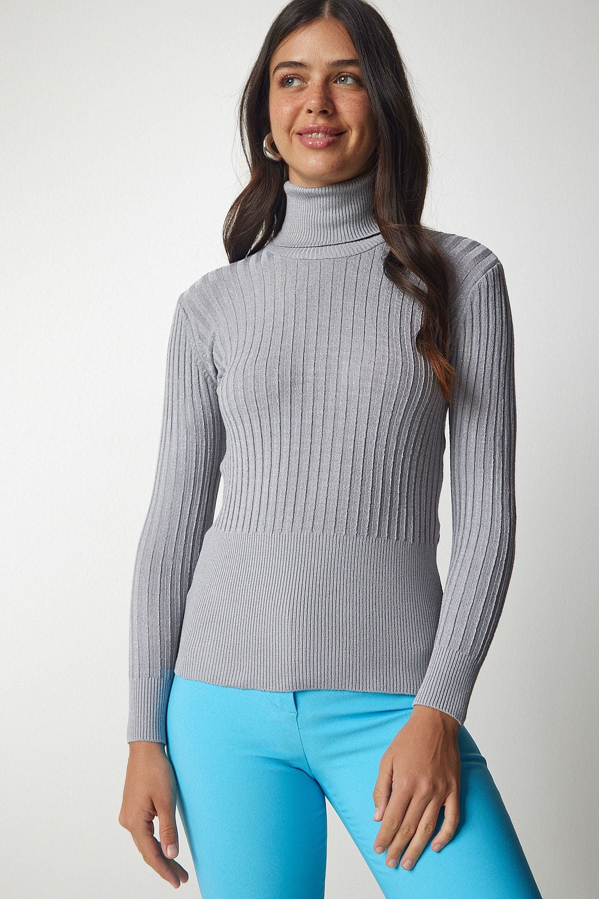 Gri Balıkçı Yaka Fitilli Basic Kazak bv00095