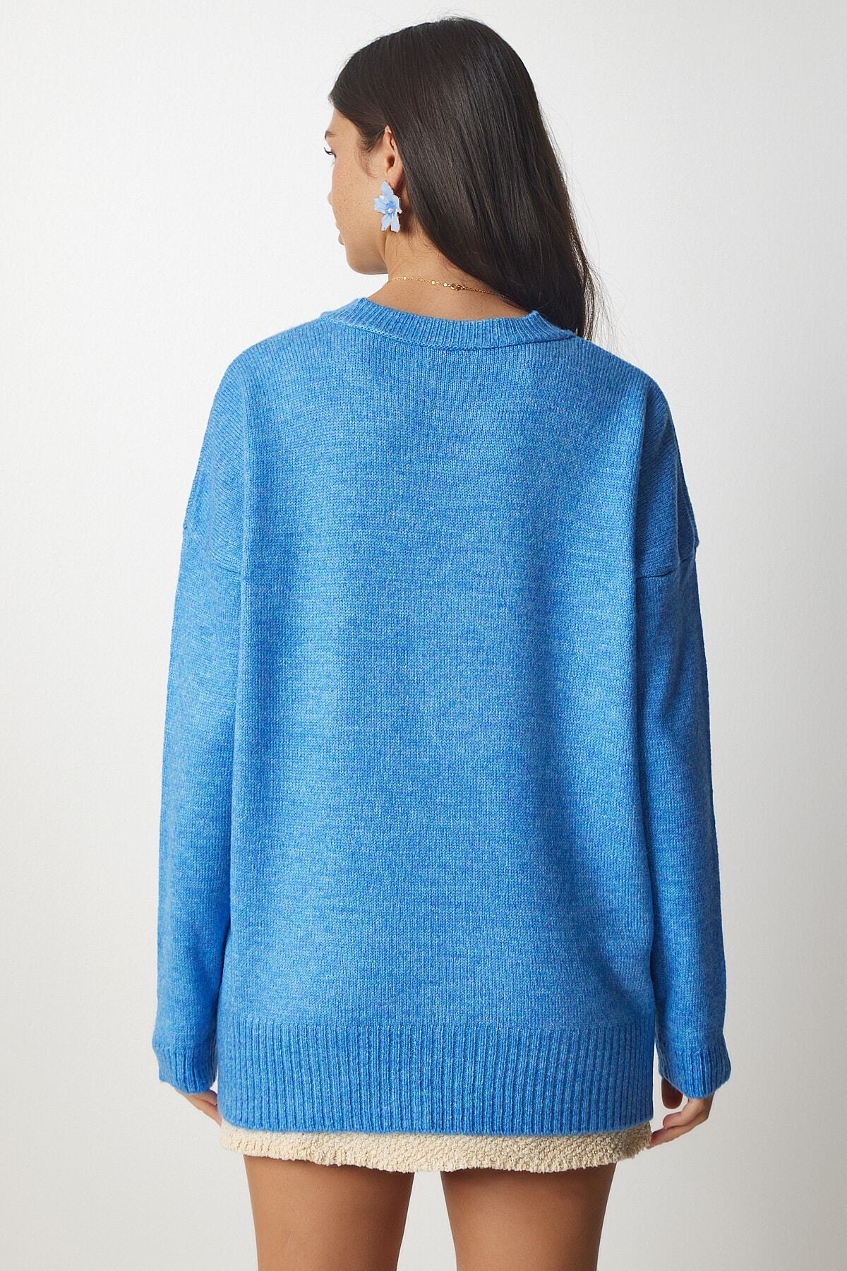 Gök Mavi Bisiklet Yaka Oversize Triko Kazak BV00085