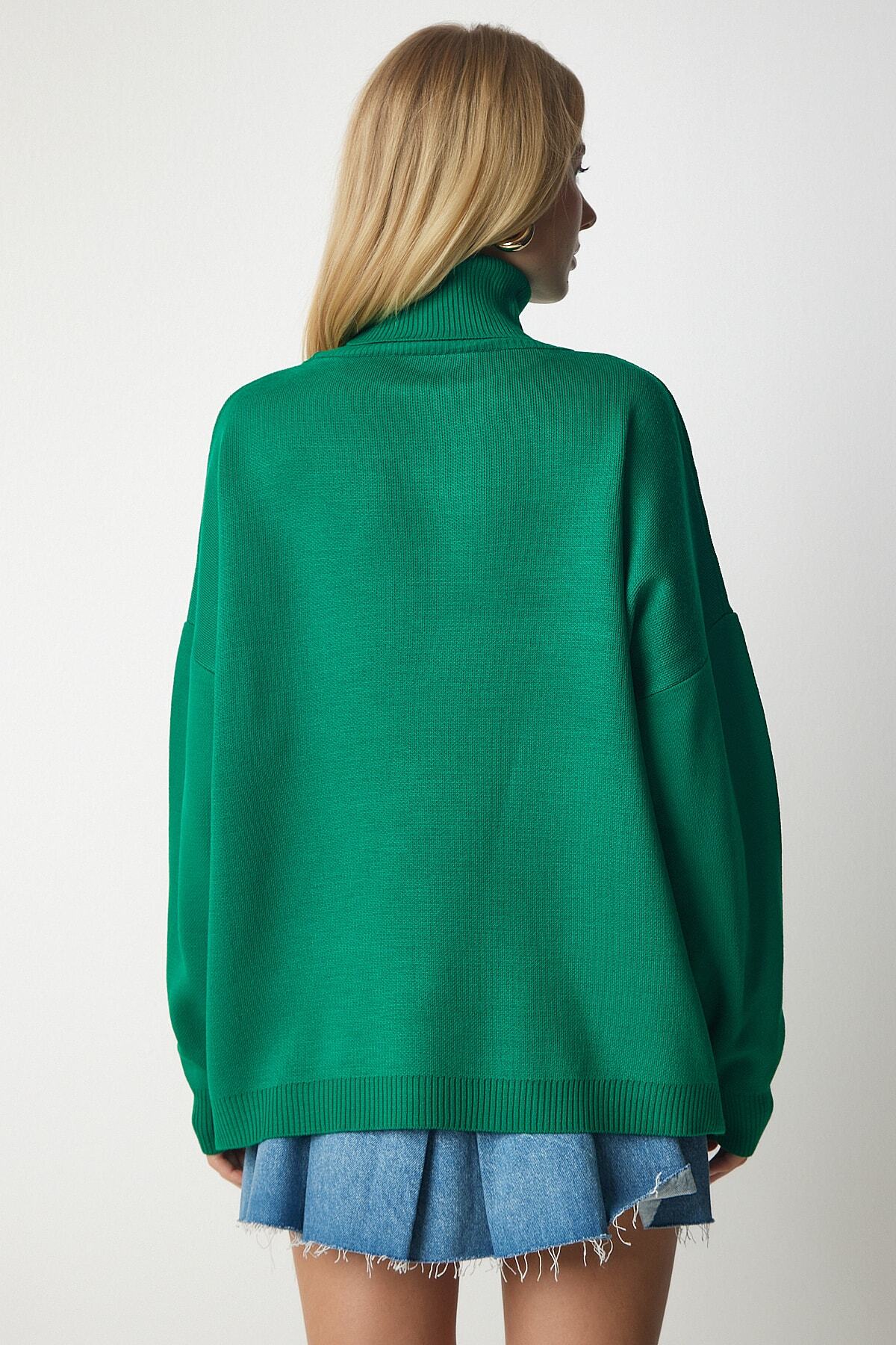 Yeşil Balıkçı Yaka Oversize Triko Kazak MX00133