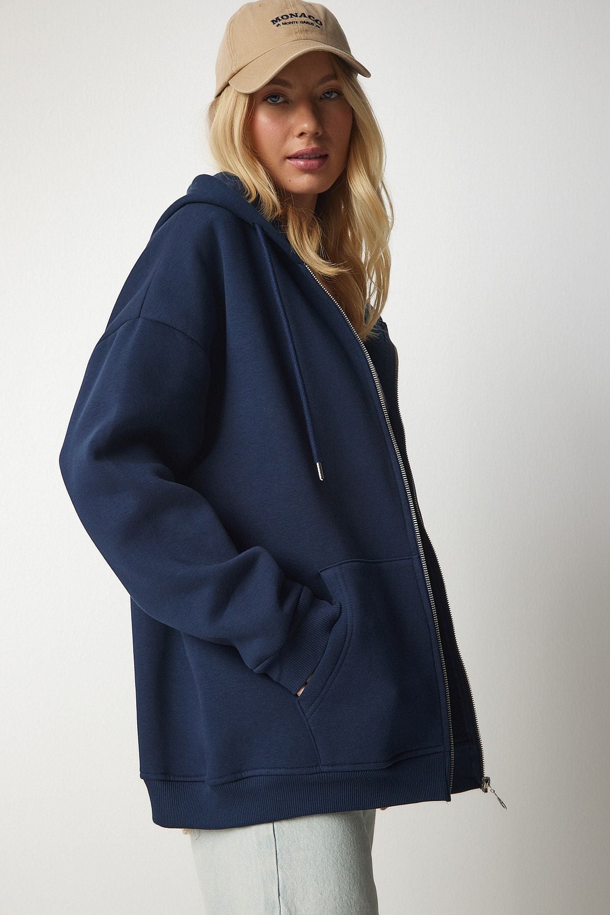 Lacivert Kapüşonlu Fermuarlı Oversize Sweatshirt UB00124