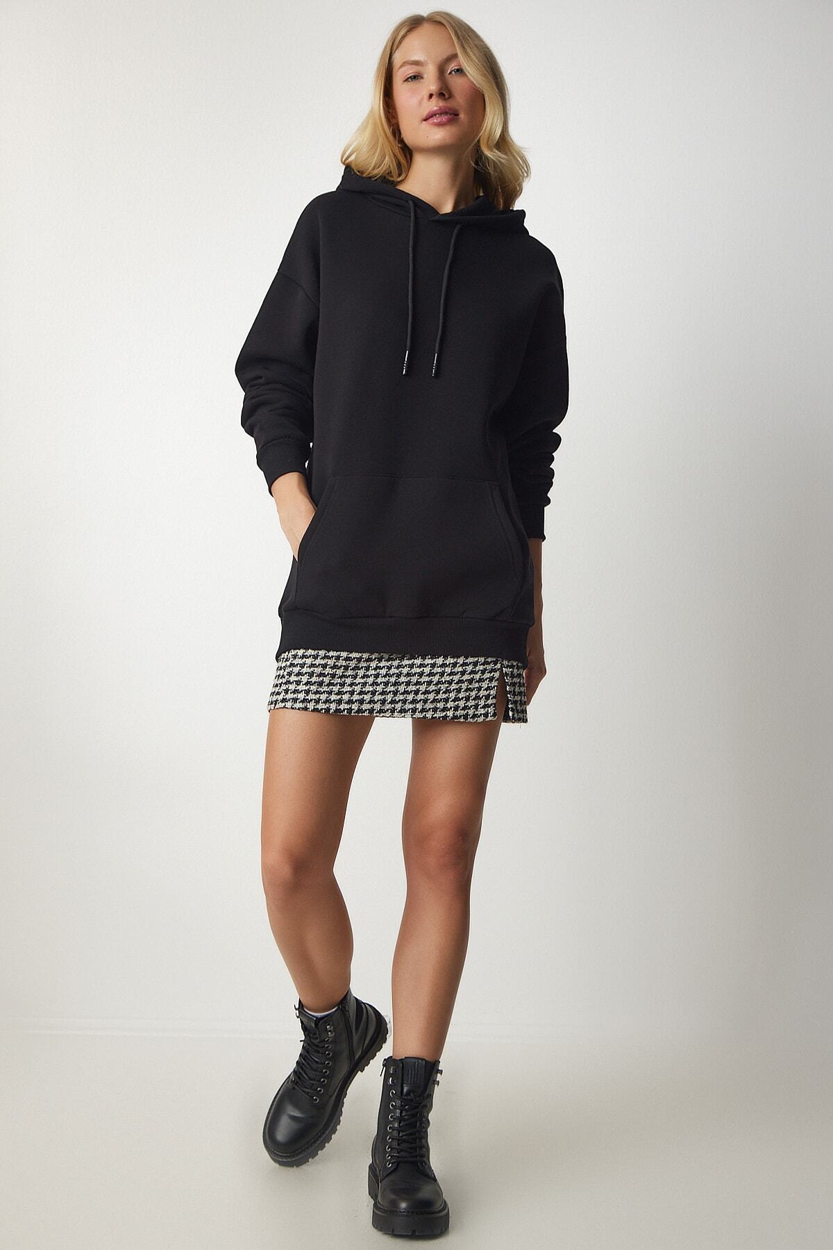 Siyah Kapüşonlu Örme Sweatshirt EW00001