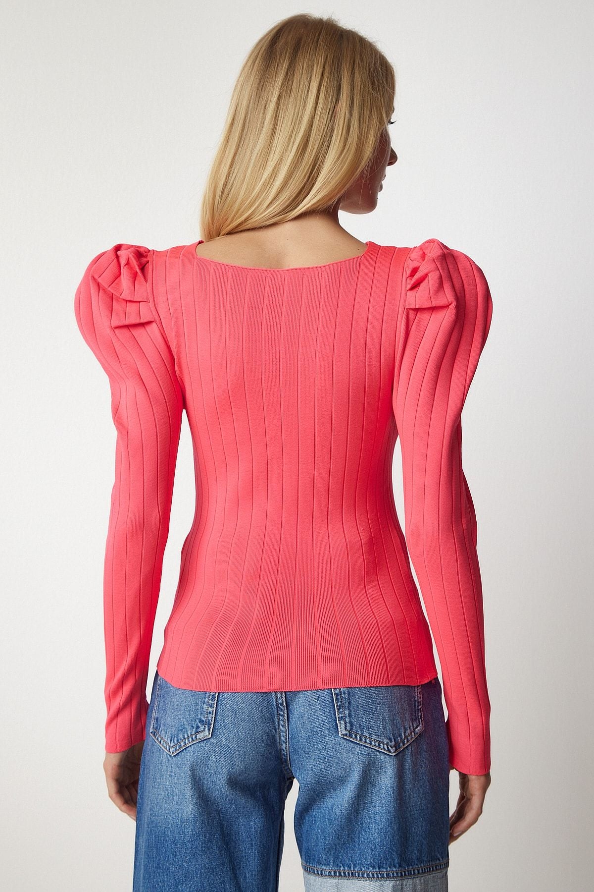 Pembe Kare Yaka Fitilli Triko Bluz YY00159