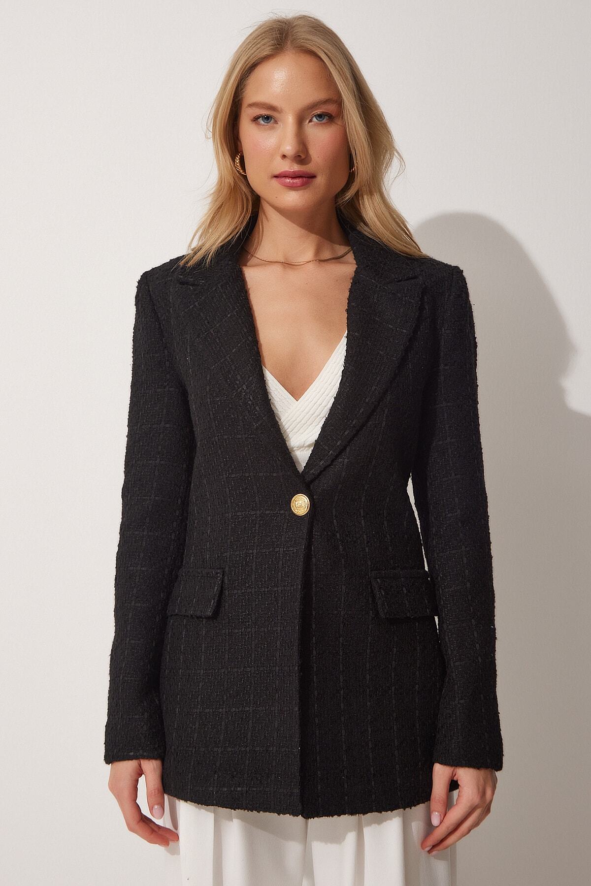 Siyah Düğmeli Blazer Tüvit Ceket WF00023