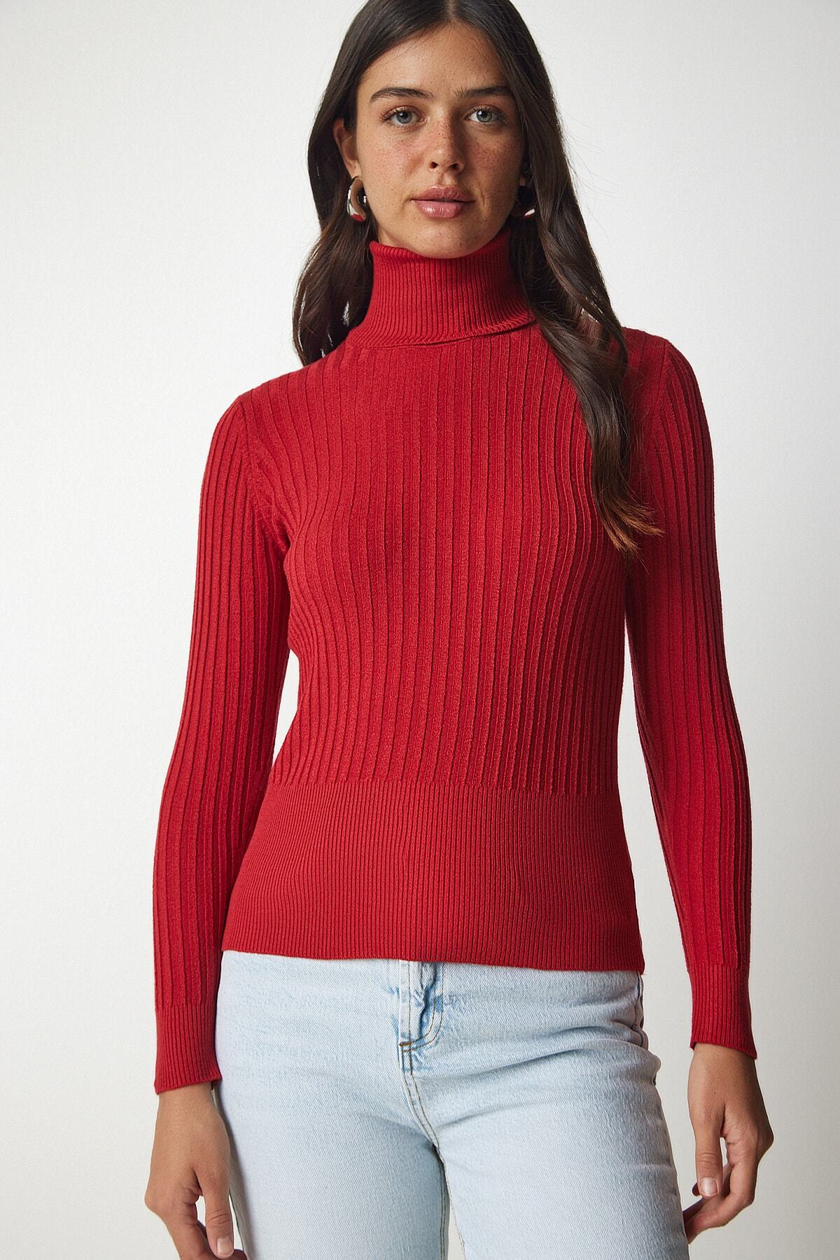 Kırmızı Balıkçı Yaka Fitilli Basic Kazak bv00095