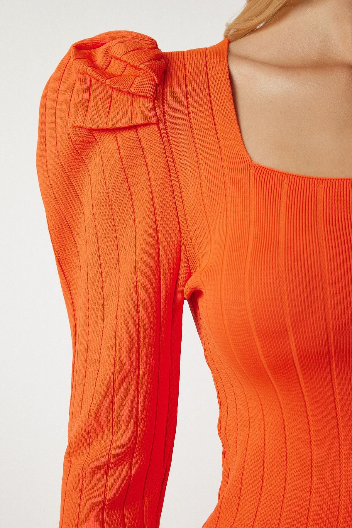 Oranj Kare Yaka Fitilli Triko Bluz YY00159