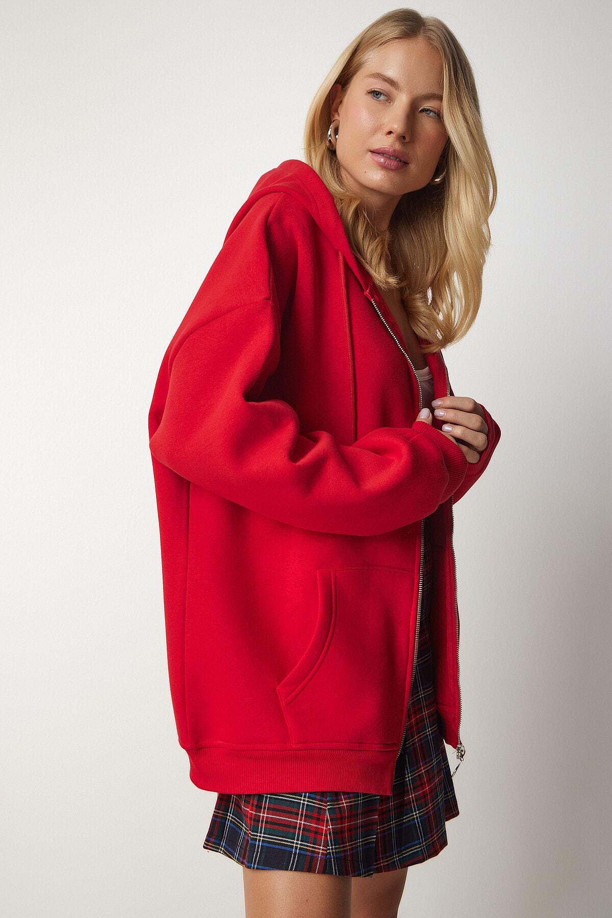 Kırmızı Kapüşonlu Fermuarlı Oversize Sweatshirt UB00124