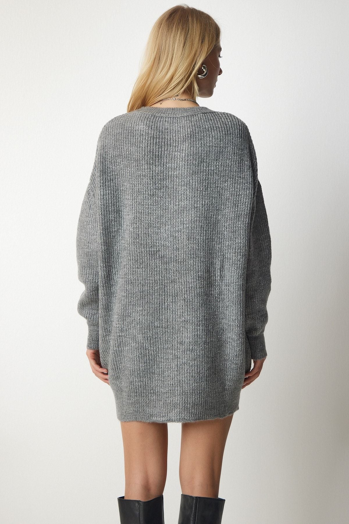 Gri Oversize Uzun Basic Triko Kazak BV00099