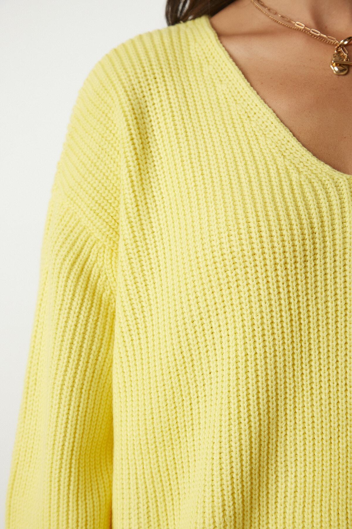 Sarı V Yaka Oversize Basic Triko Kazak MX00130
