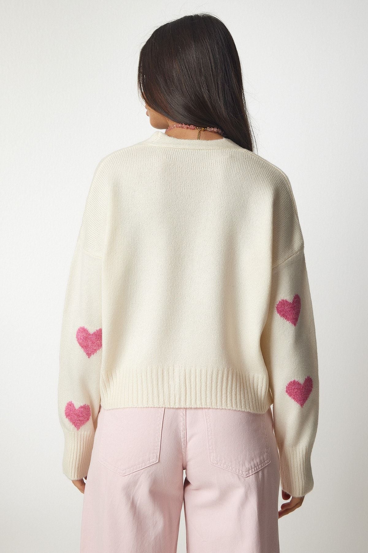 Krem Pembe Desenli Triko Hırka BV00101