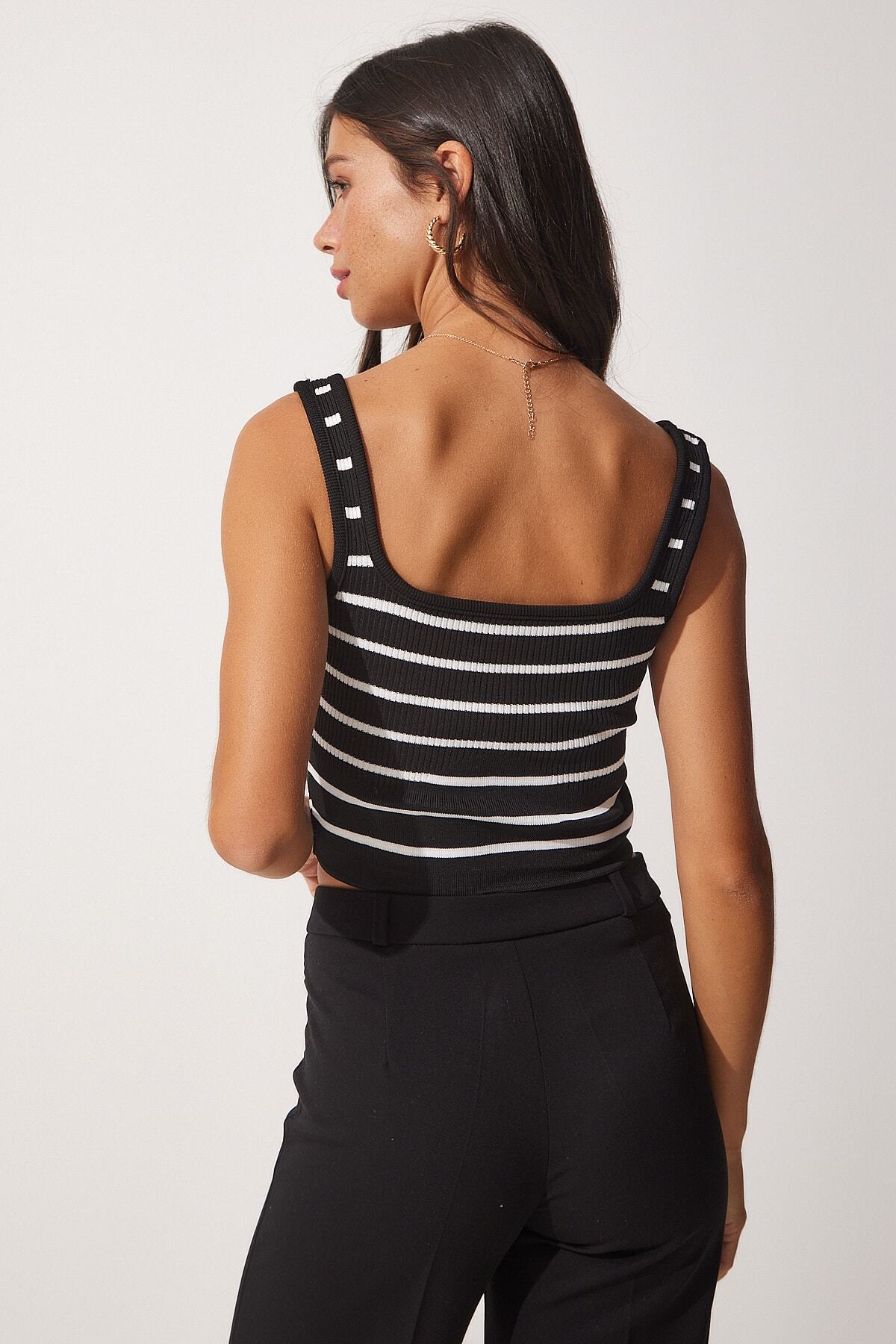 Siyah Çizgili Crop Triko Bluz YY00138