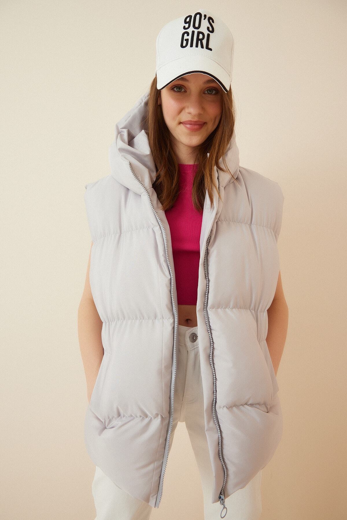 Taş Grisi Kapüşonlu Oversize Şişme Yelek MK00176