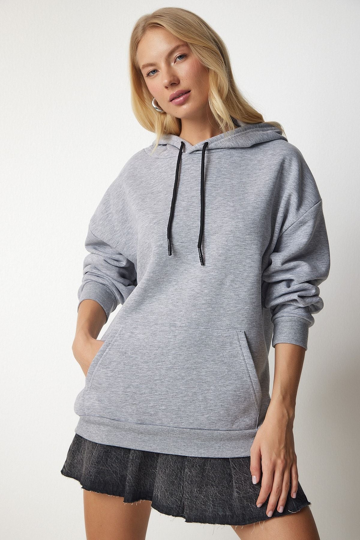 Gri Kapüşonlu Örme Sweatshirt EW00001