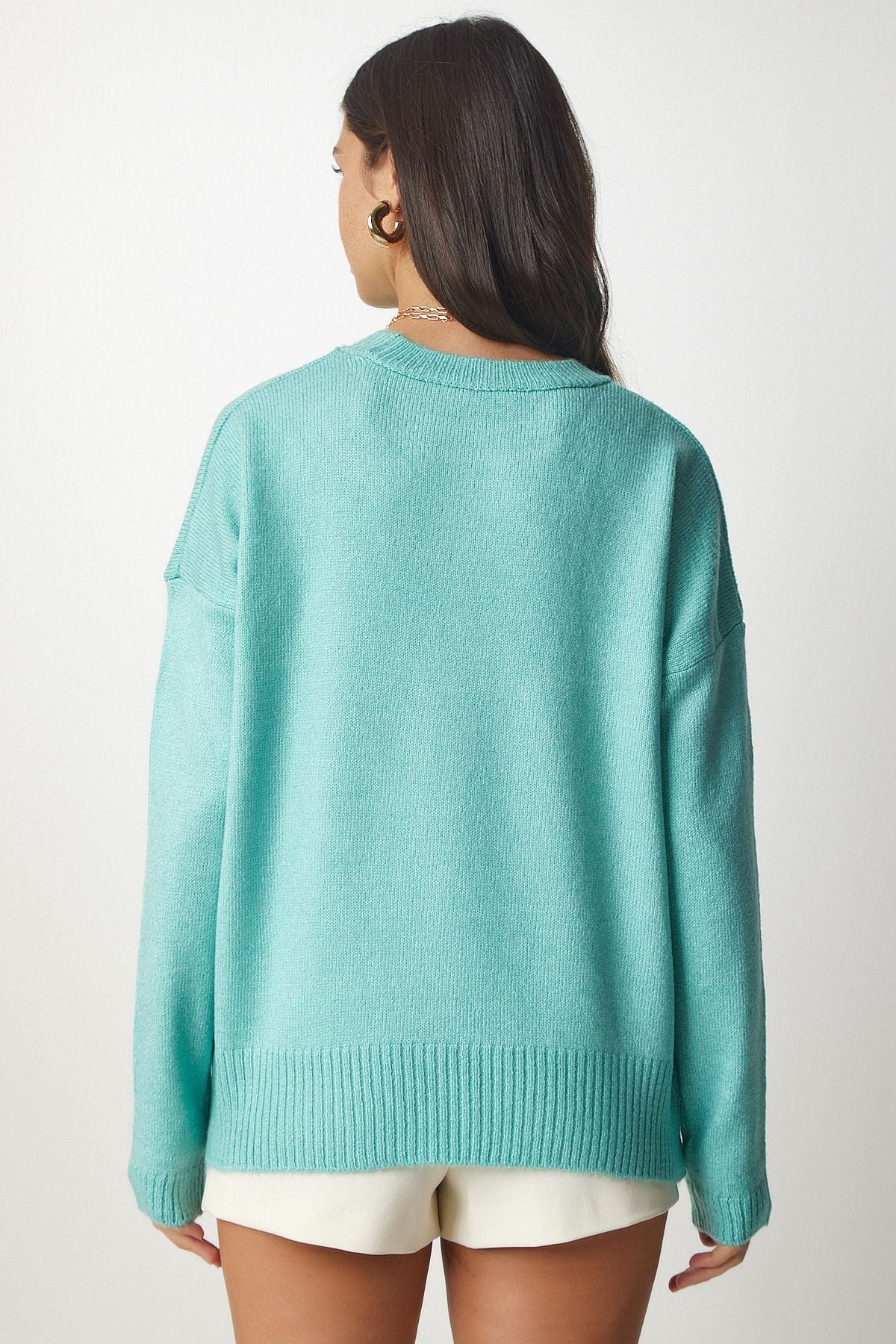 Su Yeşili Bisiklet Yaka Oversize Triko Kazak BV00085