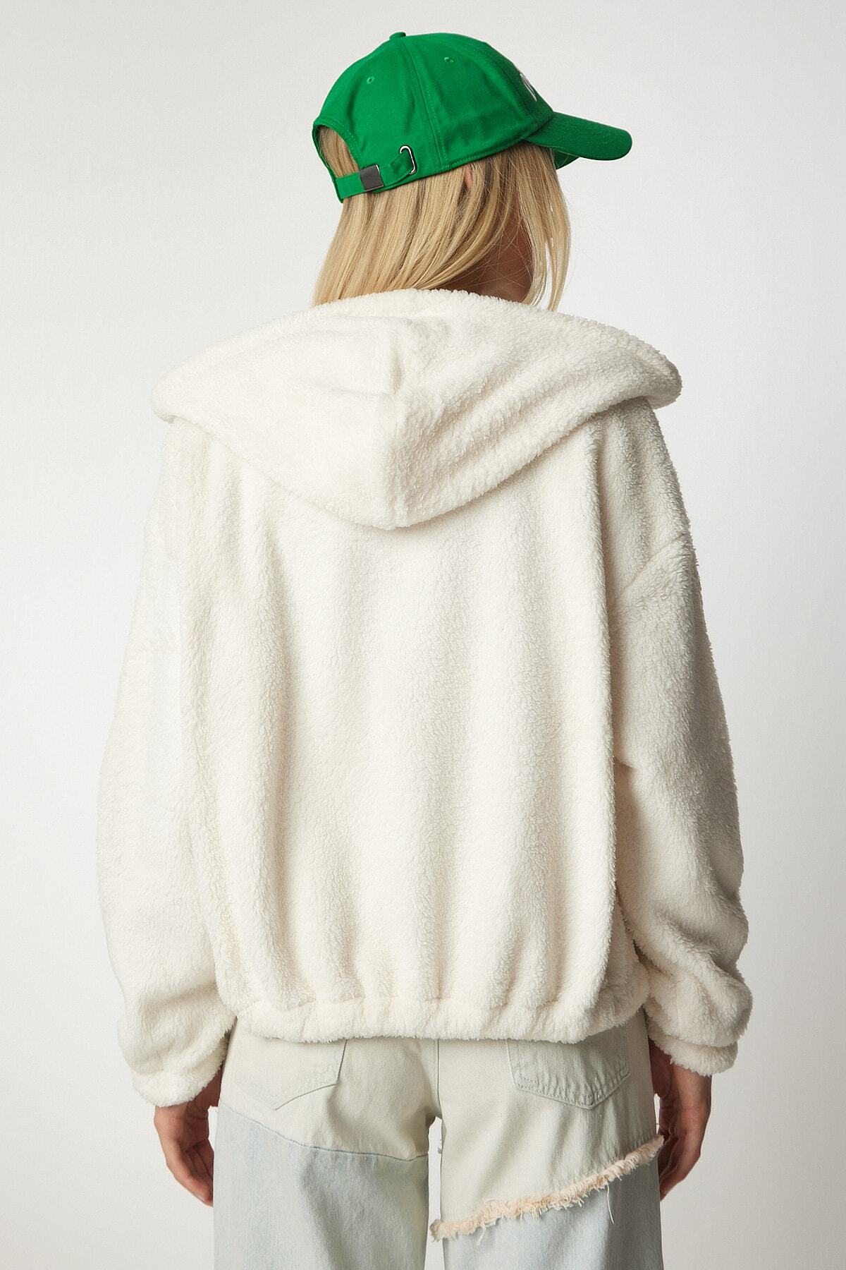 Krem Kapüşonlu Fermuarlı Polar Sweatshirt MC00216