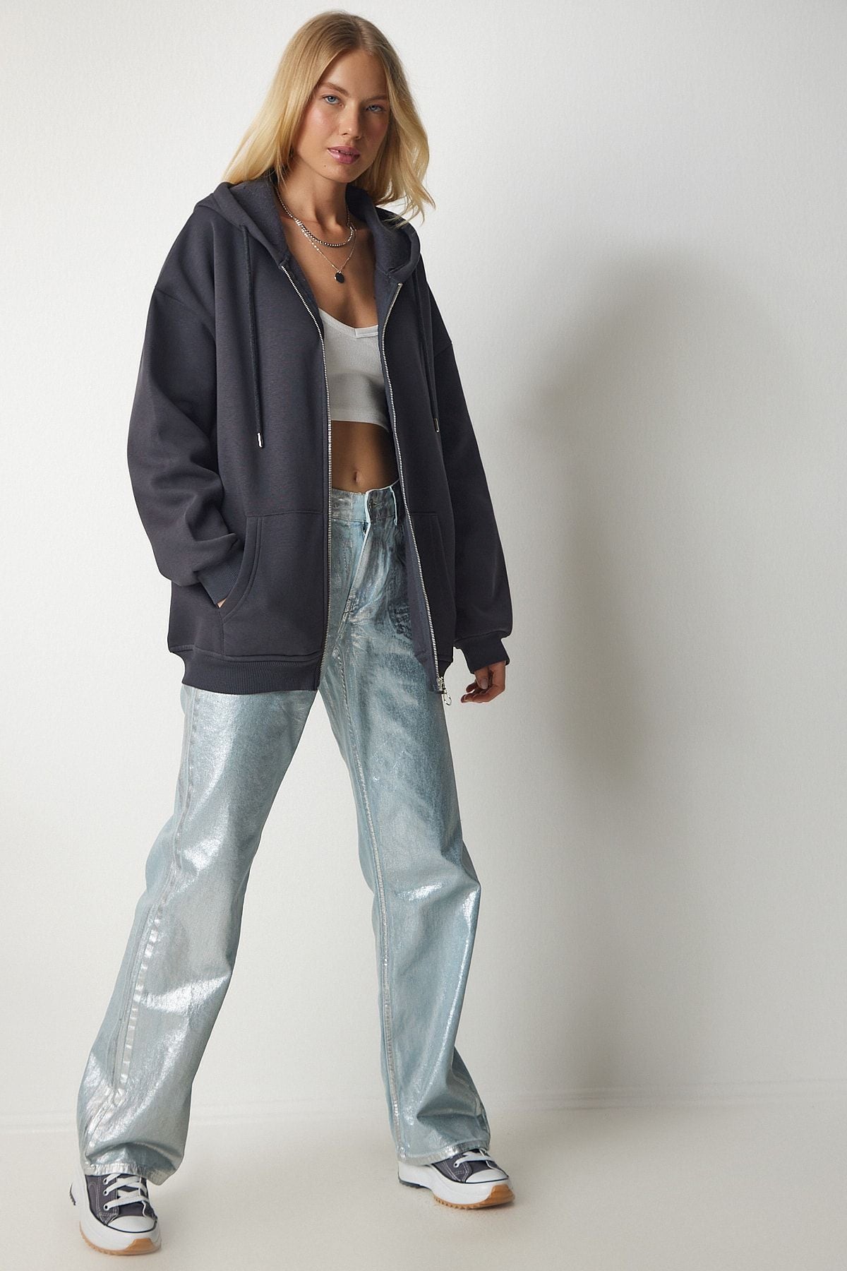 Antrasit Kapüşonlu Fermuarlı Oversize Sweatshirt UB00124