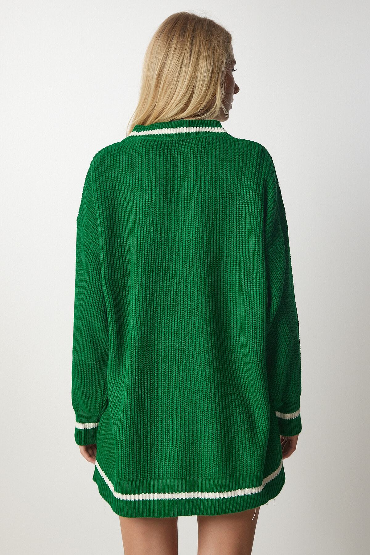 Yeşil V Yaka Oversize Uzun Triko Kazak  BP00140