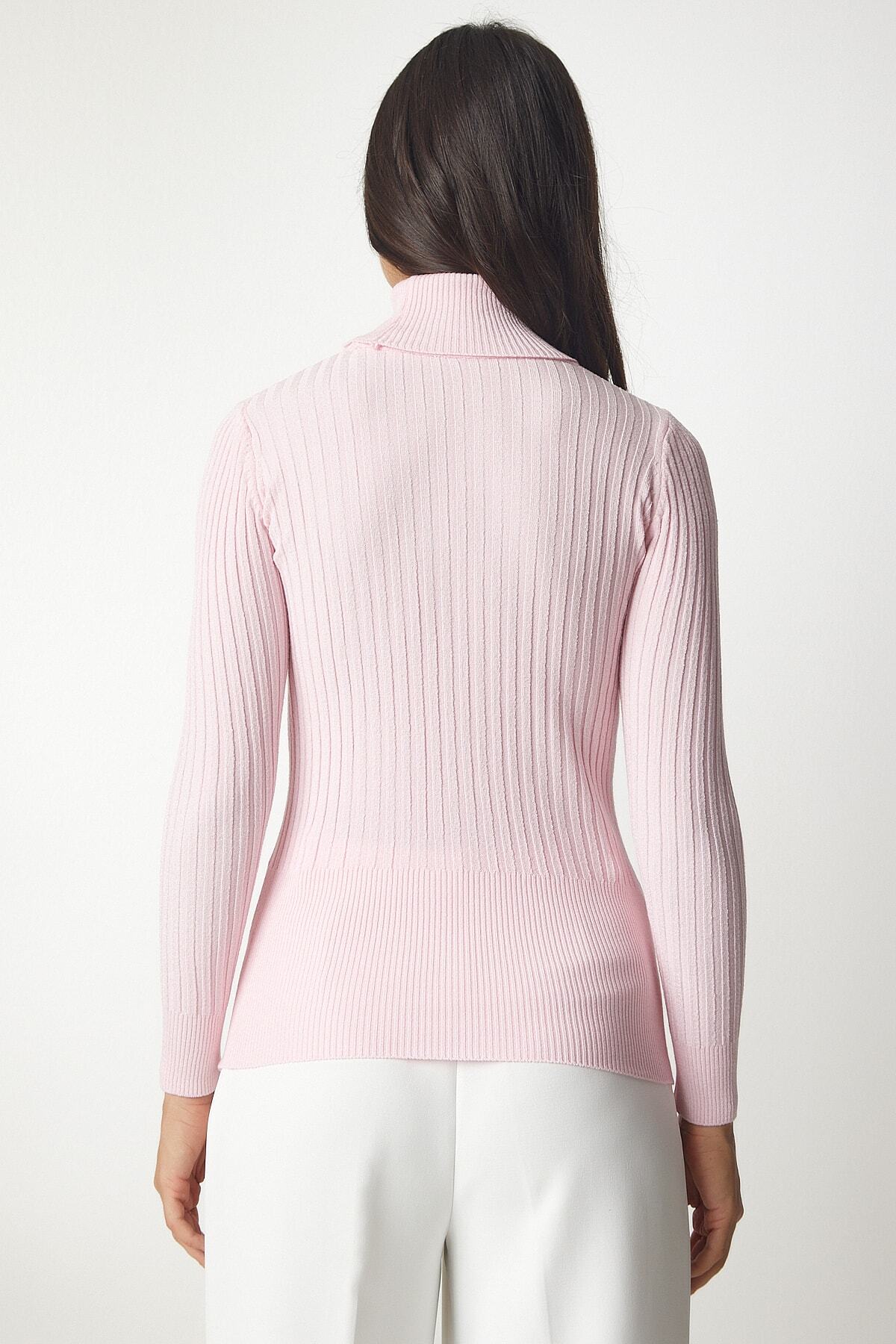 Açık Pembe Balıkçı Yaka Fitilli Basic Kazak bv00095