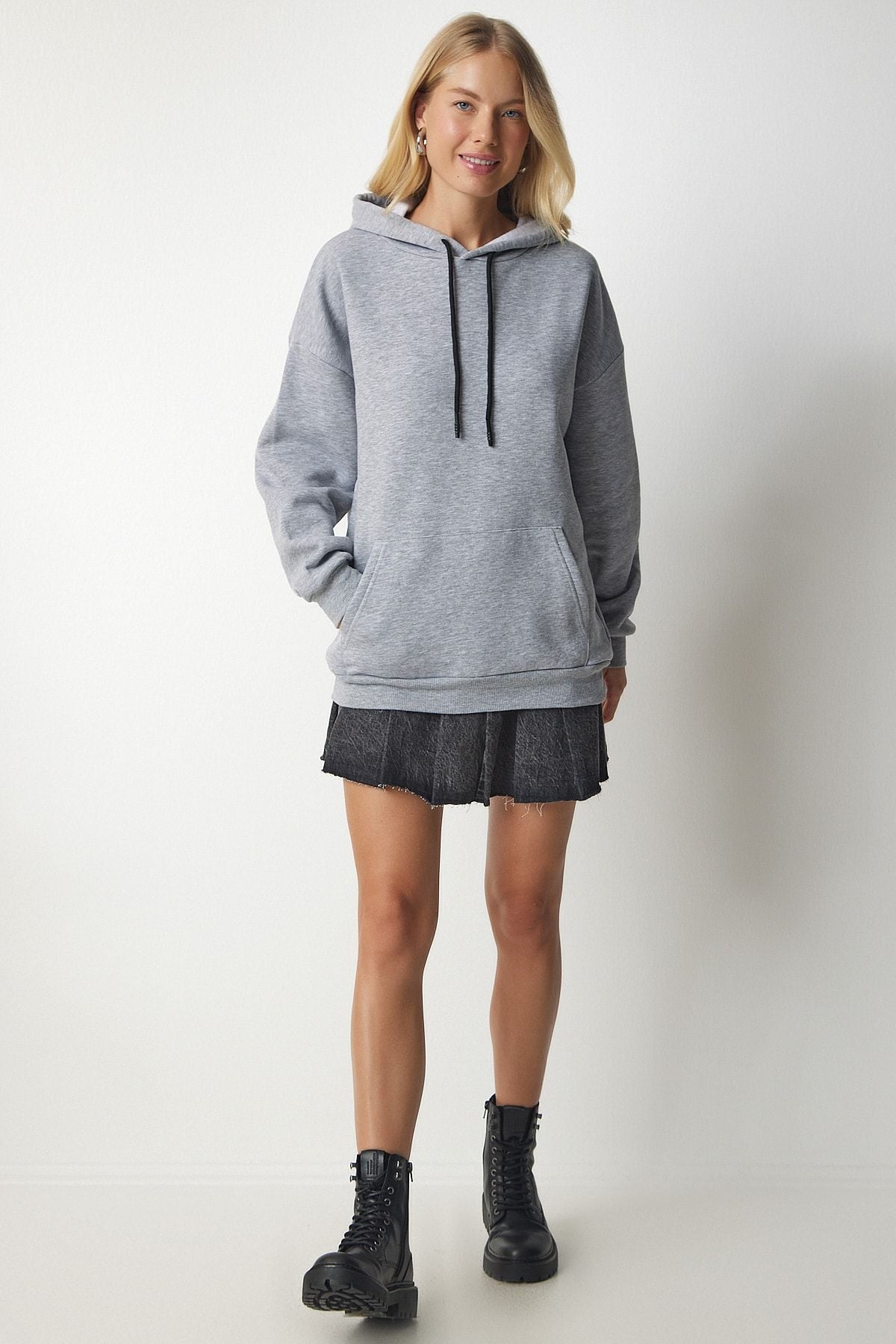 Gri Kapüşonlu Örme Sweatshirt EW00001