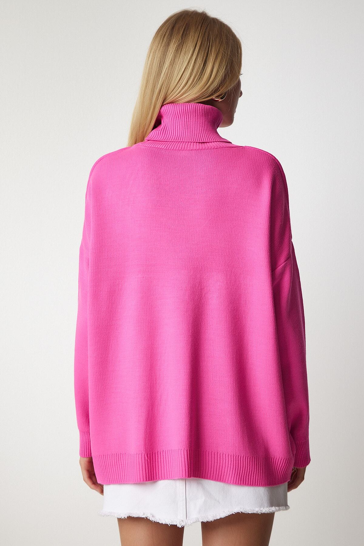 Pembe Balıkçı Yaka Oversize Triko Kazak BV00084