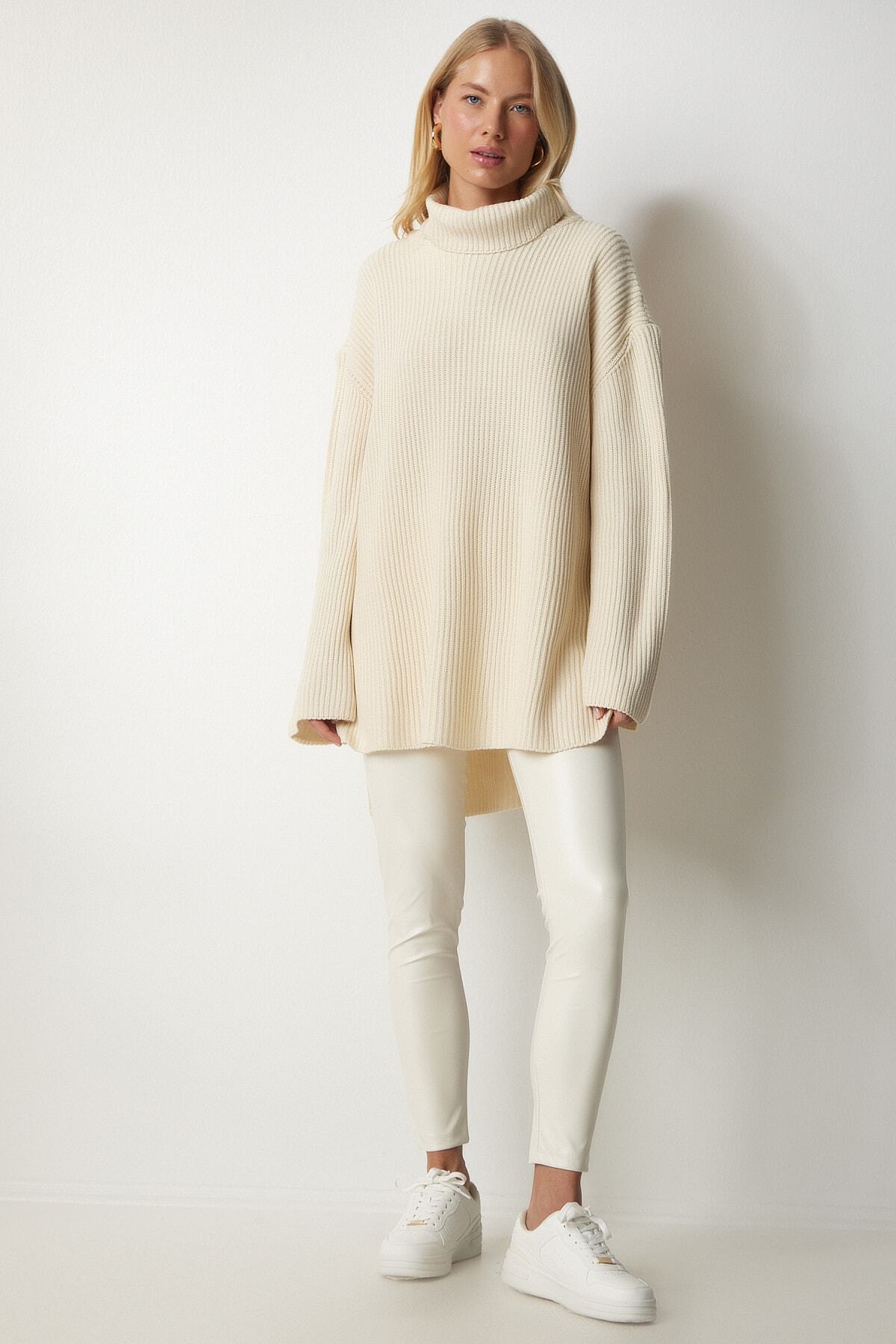 Krem Balıkçı Yaka Oversize Triko Kazak YY00164