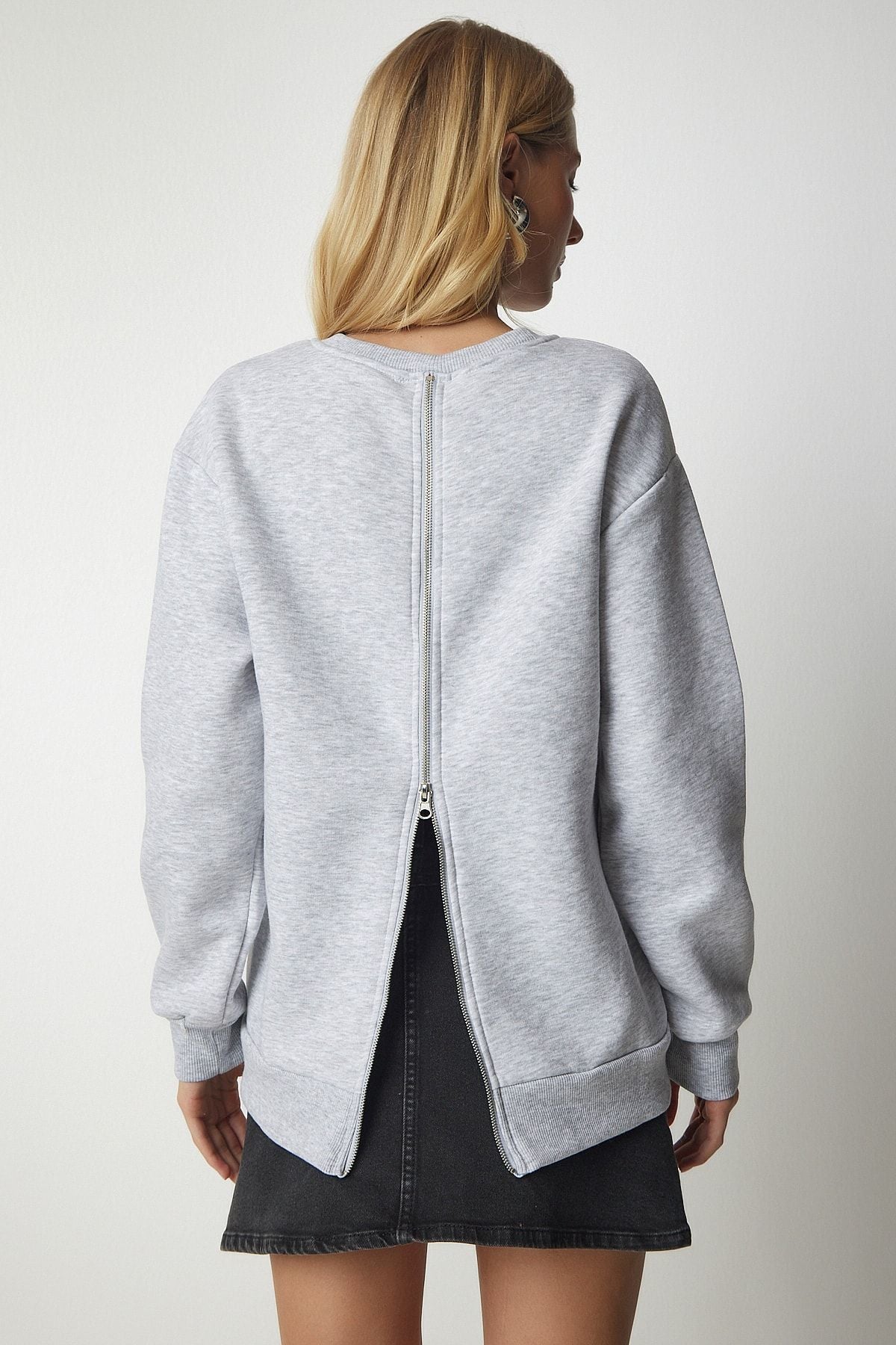 Gri Arkası Fermuarlı Şardonlu Örme Sweatshirt UB00146