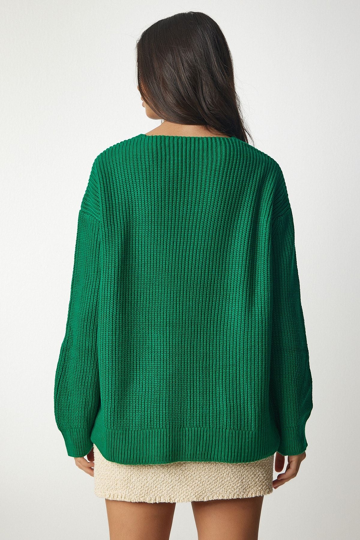 Koyu Yeşil V Yaka Oversize Basic Triko Kazak MX00130