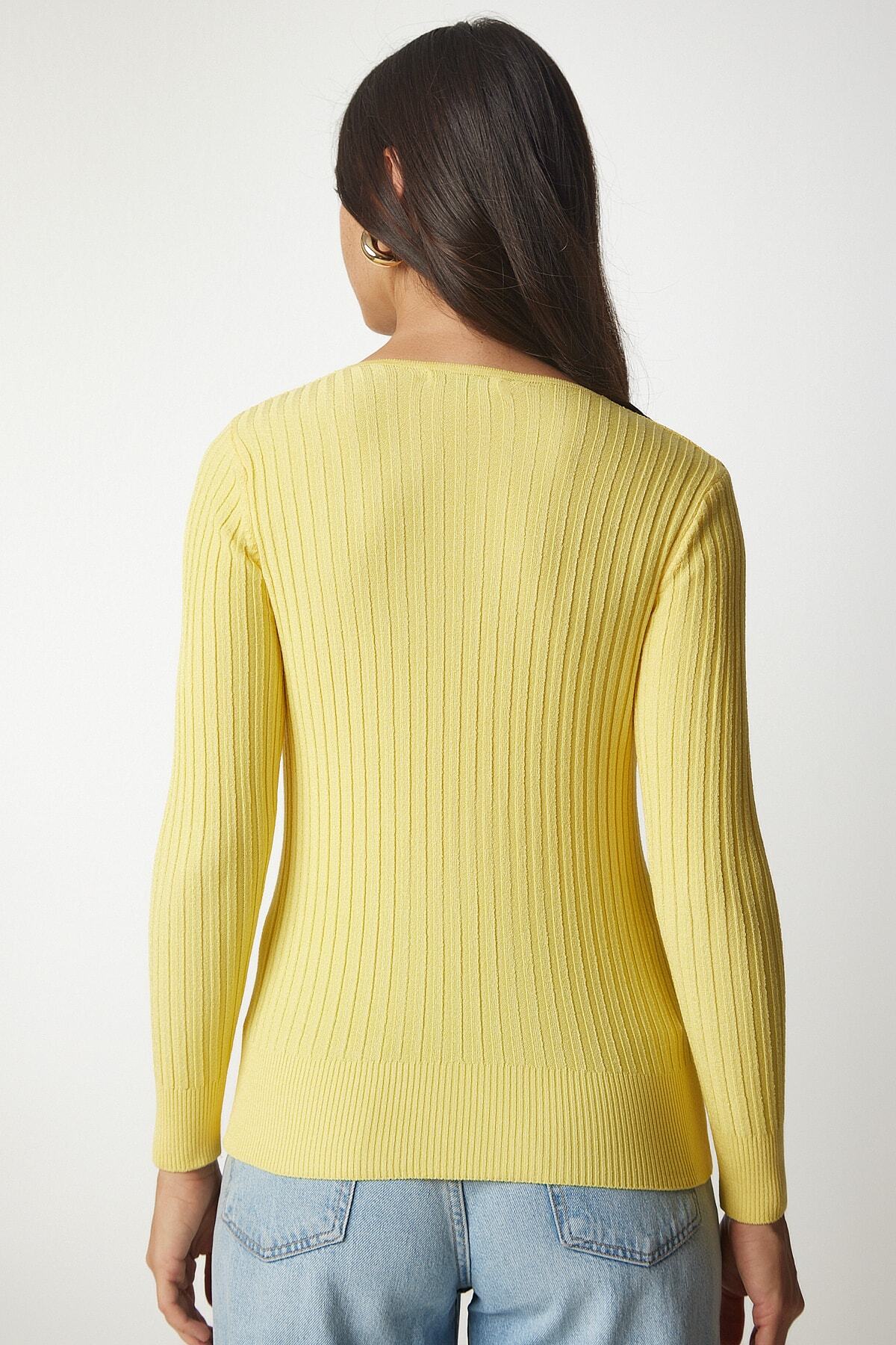 Sarı V Yaka Fitilli Basic Bluz BV00096